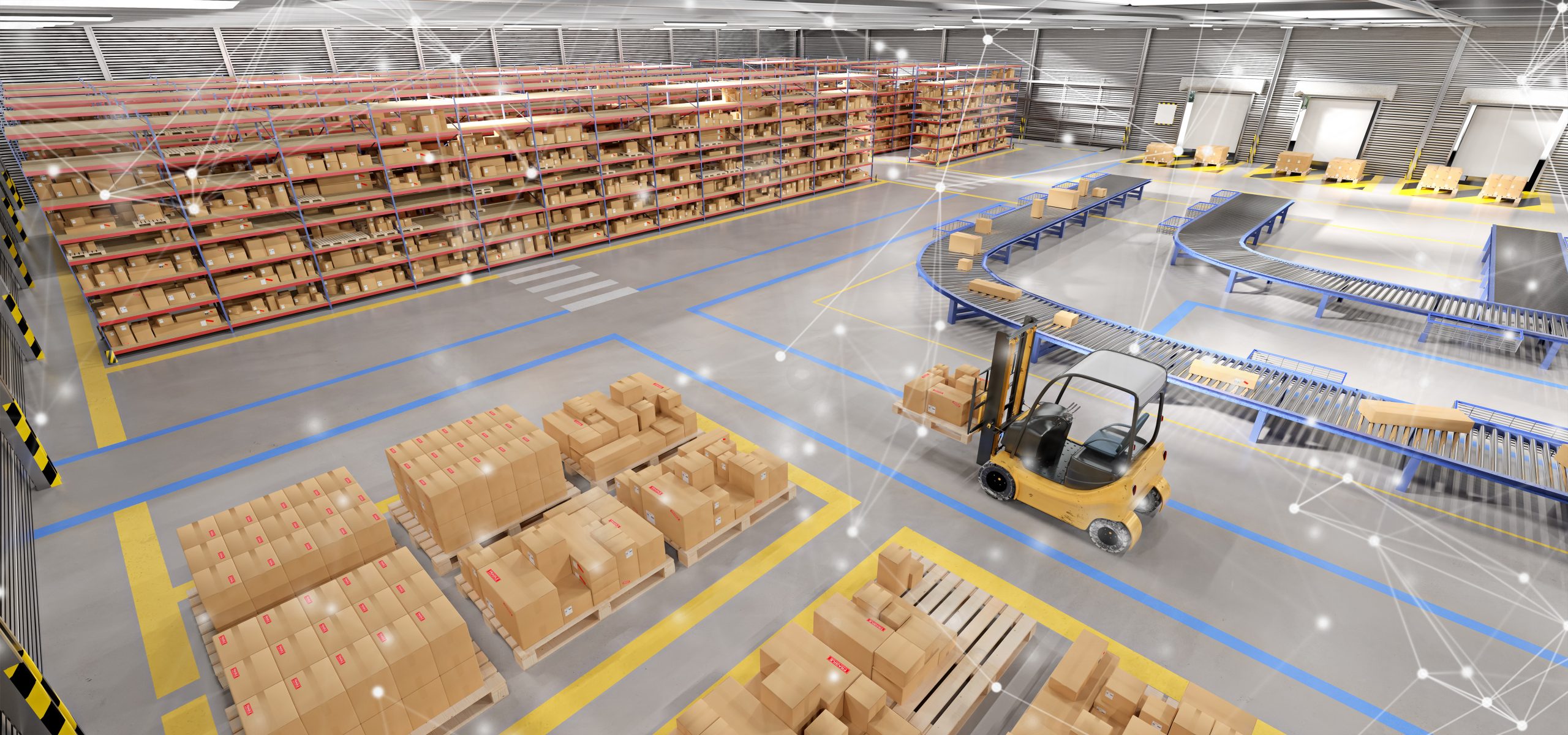 Connection over a warehouse goods stock background 3d rendering