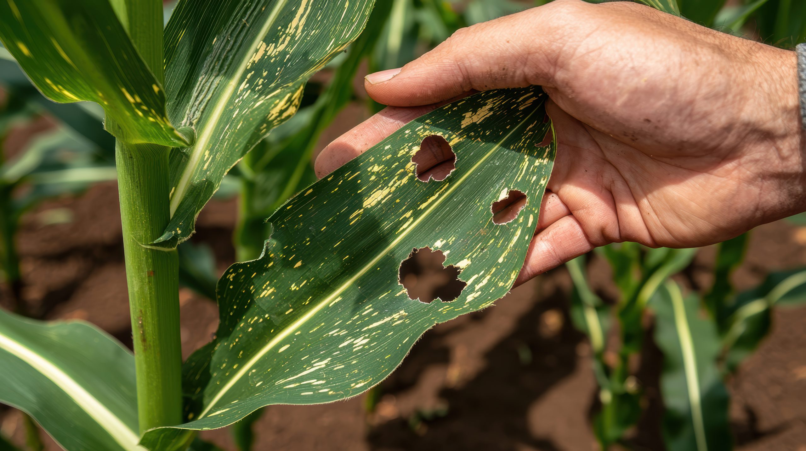 A hand examines a damaged corn leaf, showing holes and discoloration, indicating potential pest or disease issues in a cornfield.