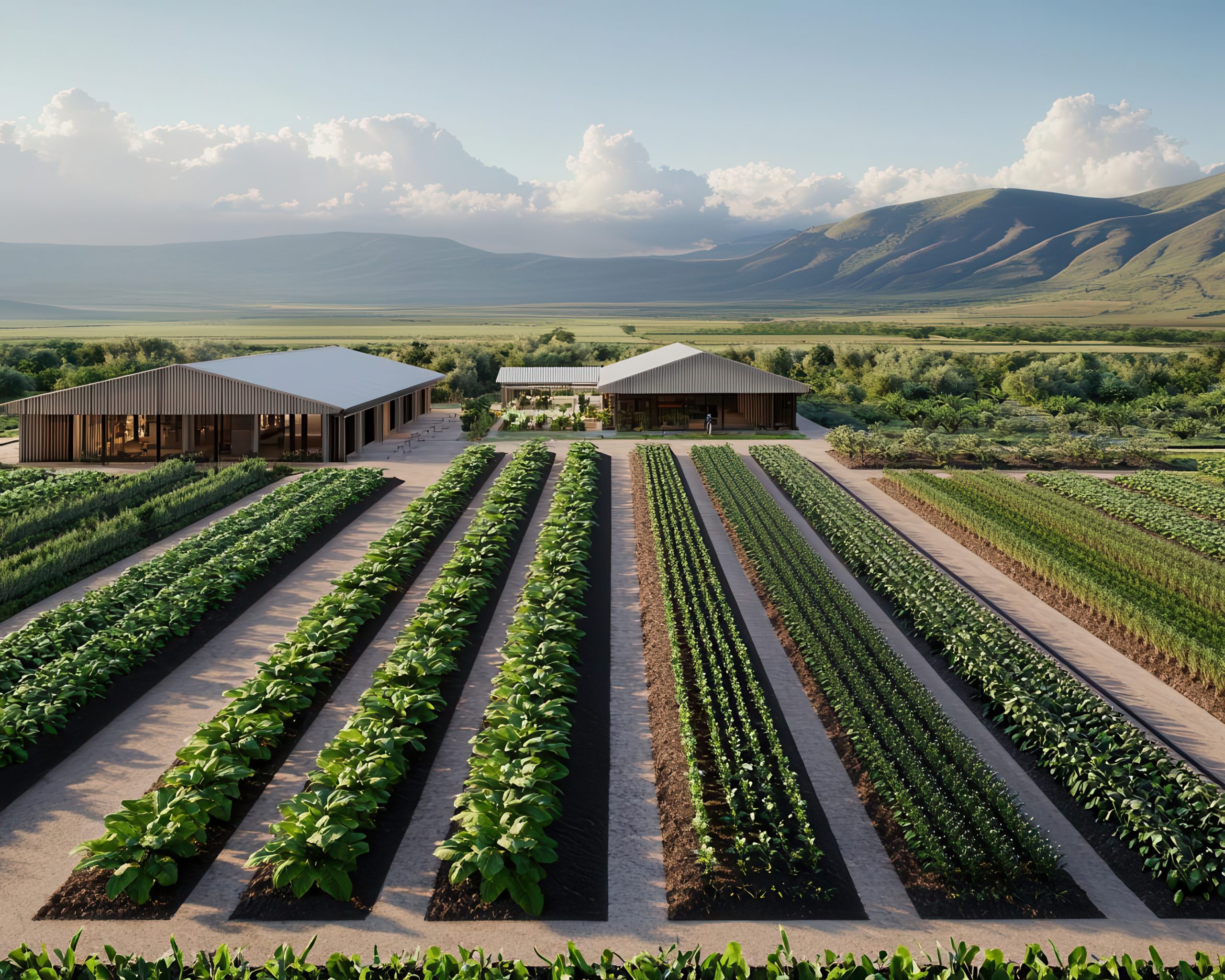 A mix of traditional and hightech farming in a climateresilient agricultural zone, showcasing innovation in food security