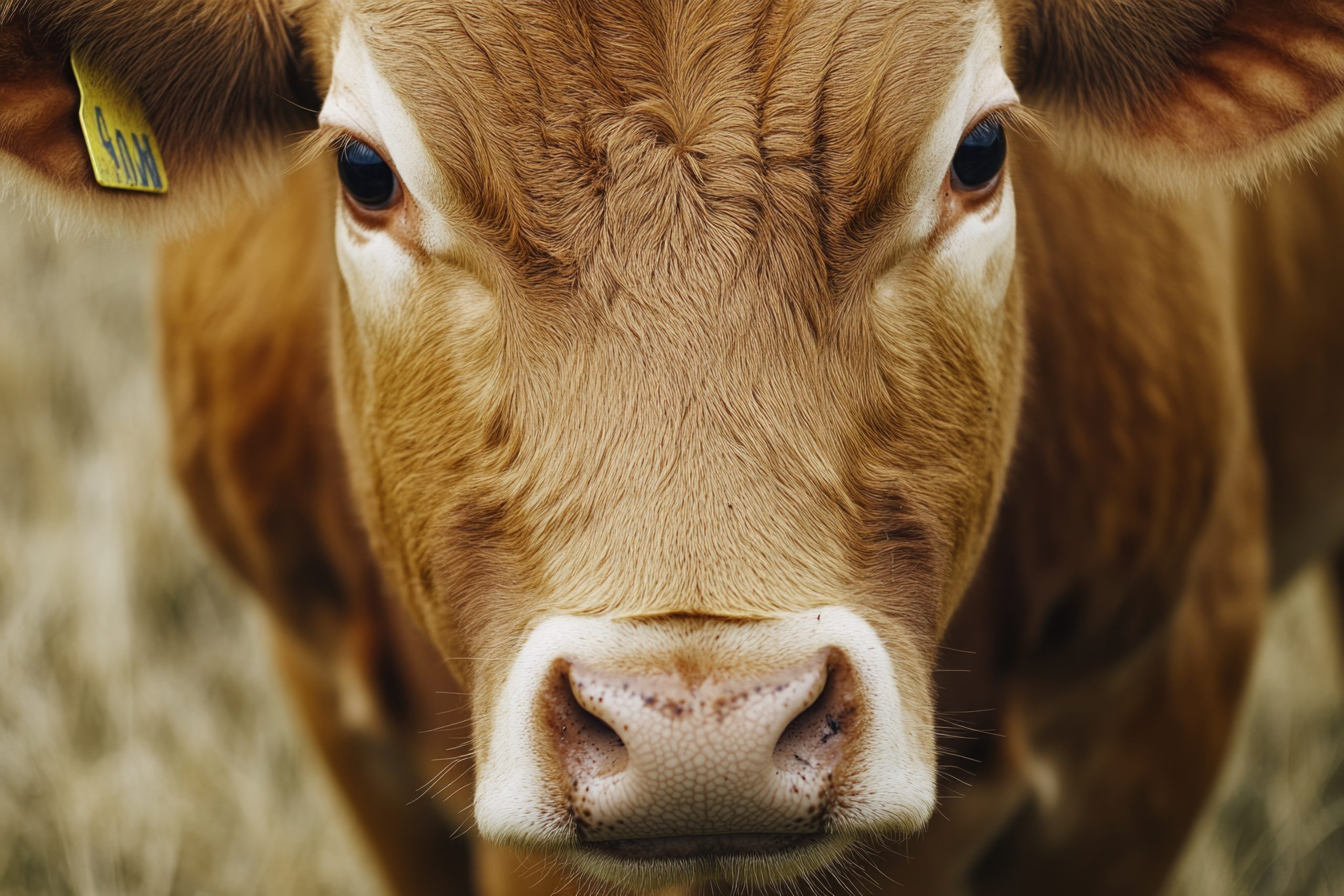 Close-up of a cow’s face with an ear tag, useful for farm or animal-related photography
