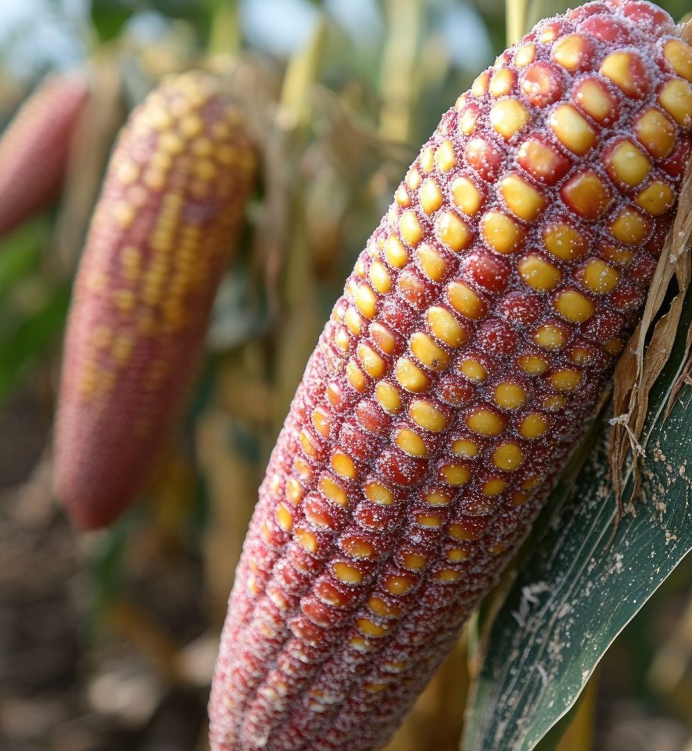 Corn cobs showing symptoms of fungal disease with discoloration and damage in an agricultural field setting.