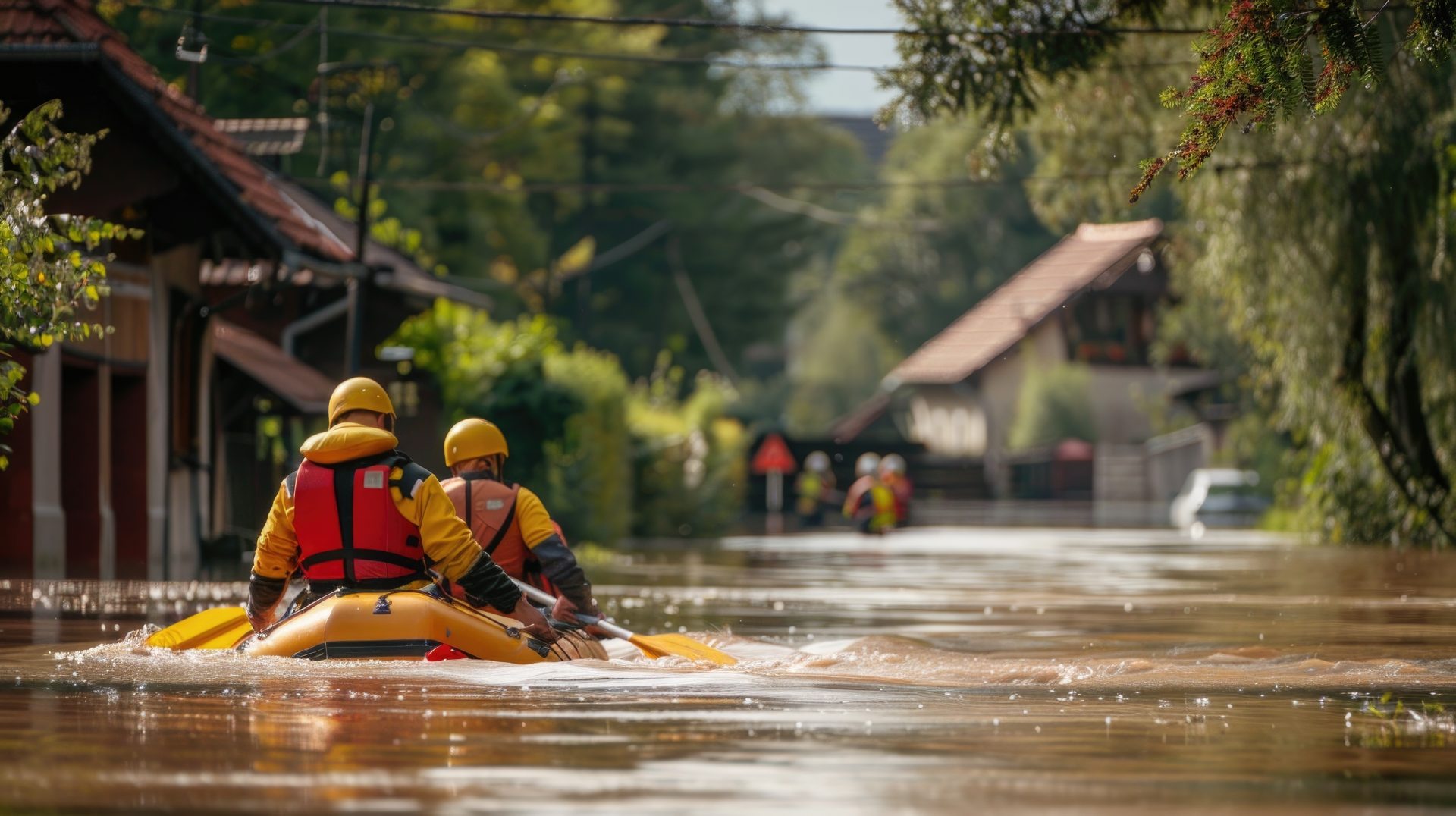 Emergency Response Team in Floodwaters. Photo highlights the urgency and efforts of rescue operations during a flooding disaster