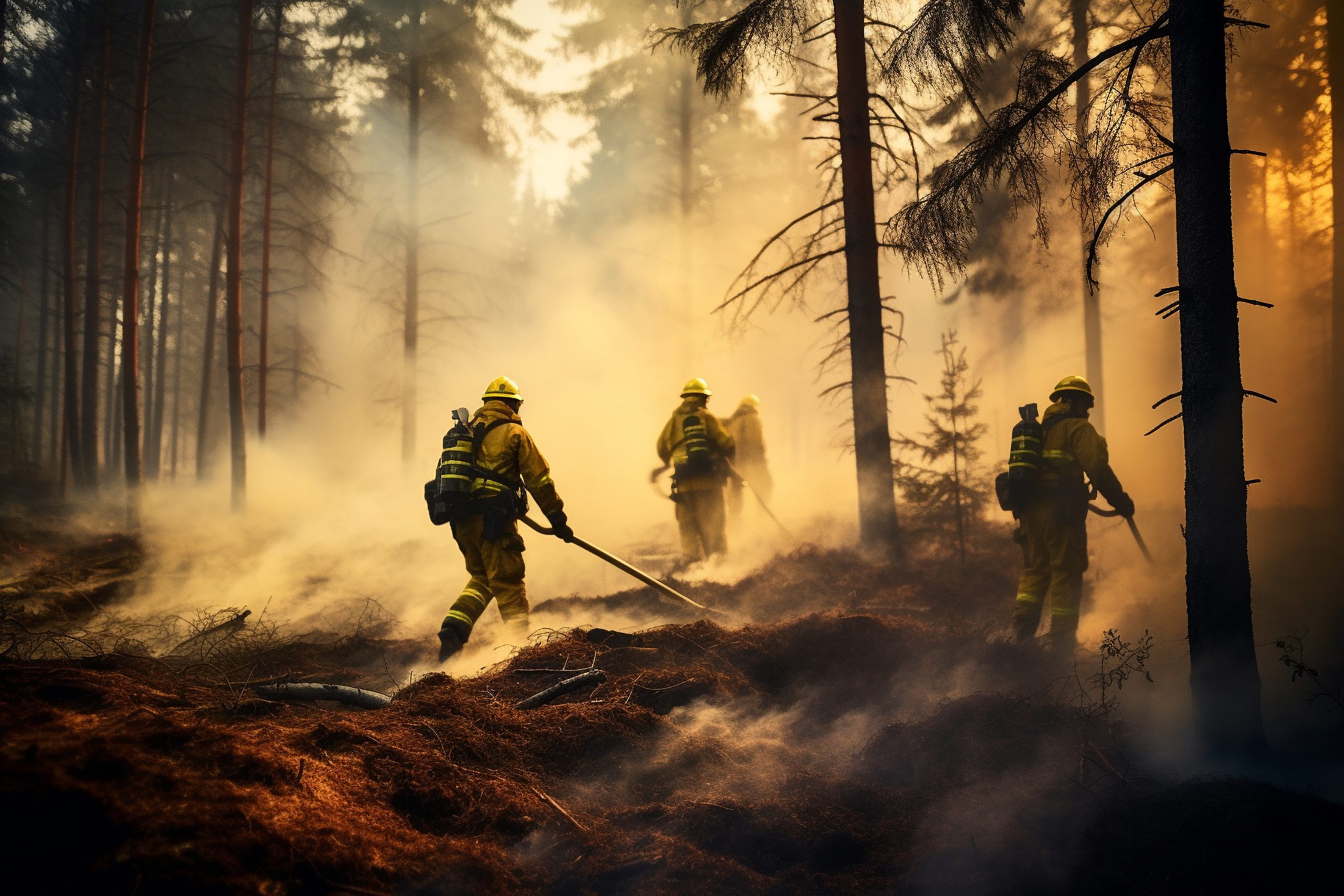 Firefighters put out a fire in the forest