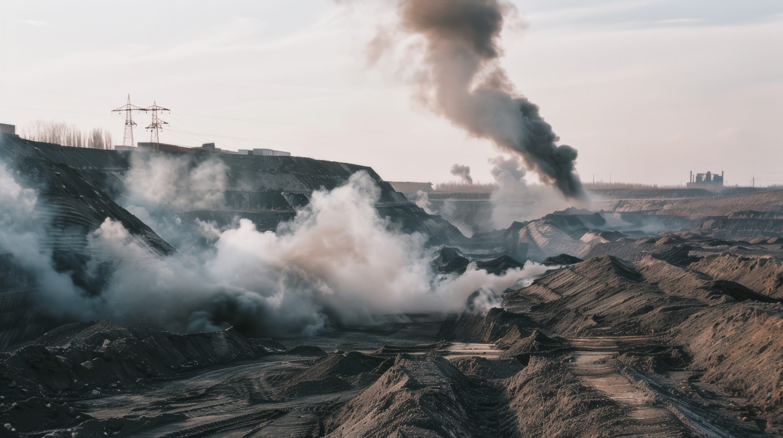A vast landscape showcases an expansive mining site with dark smoke, conveying environmental impact and stark industrialization.