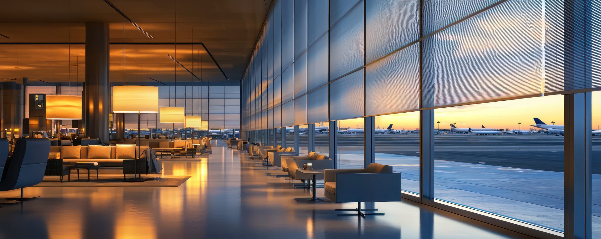 A modern airport lounge with panoramic windows complemented by automated blinds and mood lighting that adjust based on time of day and weather conditions