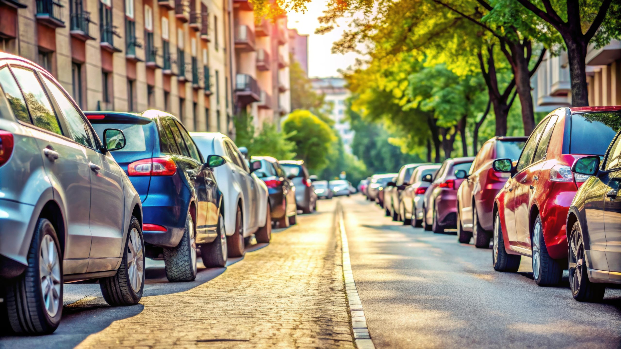 Parked cars lined up on a city street , urban, transportation, vehicles, parked, cars, street, city, road