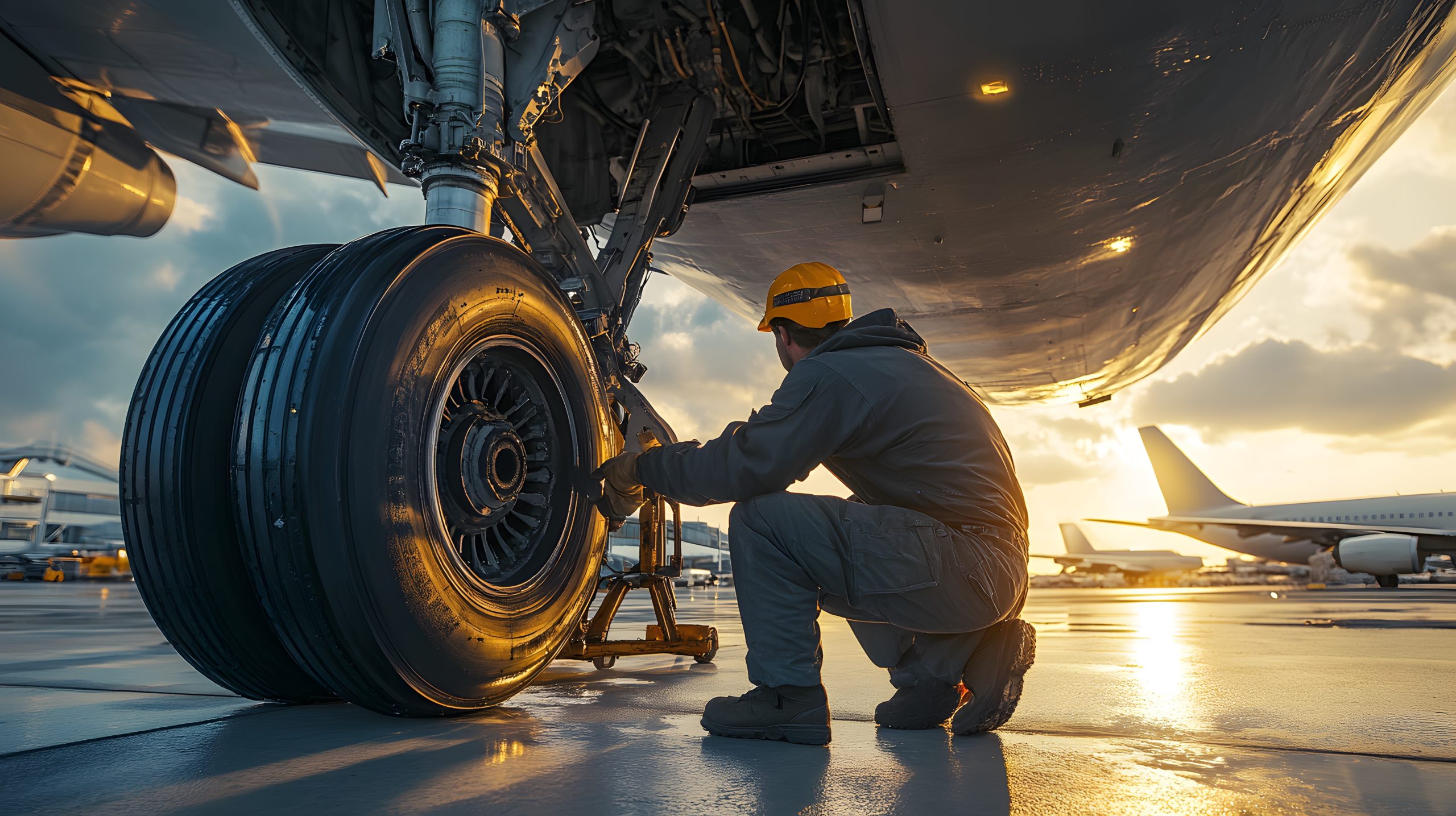 An aircraft technician inspects and tightens the landing gear of a large airplane at sunset, ensuring maintenance and safety before the flight.