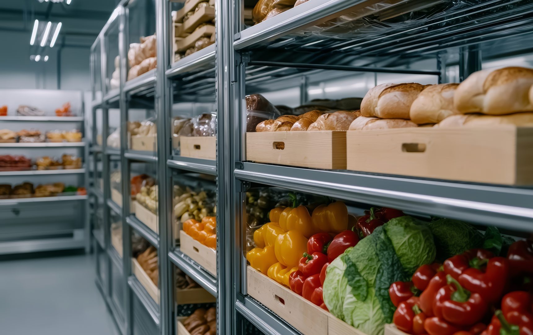 Walk-in industrial refrigerator with rows of neatly arranged produce and bread, clean and organized, stainless steel shelving, large-scale food storage solution