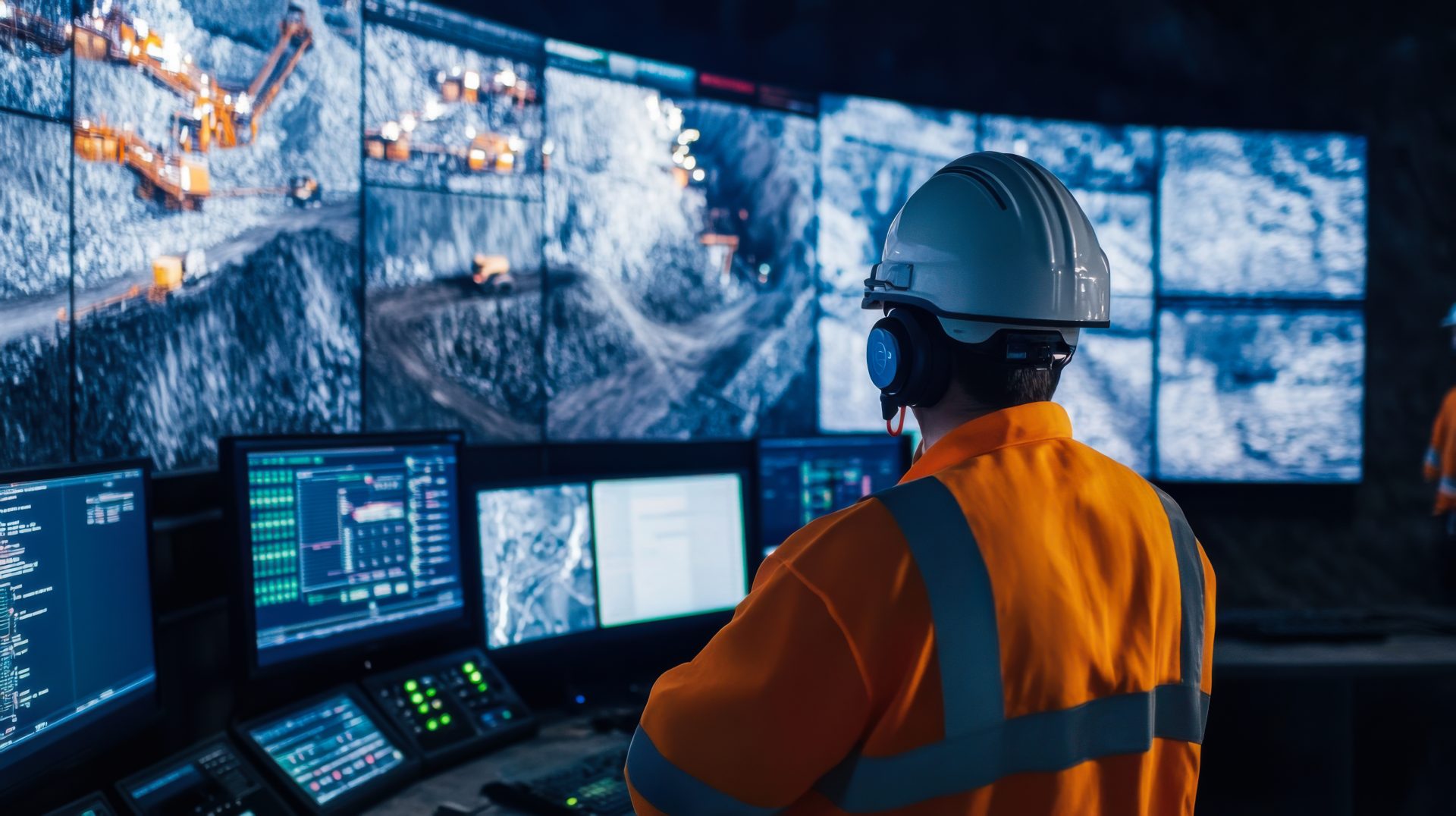 Mining engineers monitor operations in a control room while overseeing activities underground during nighttime hours