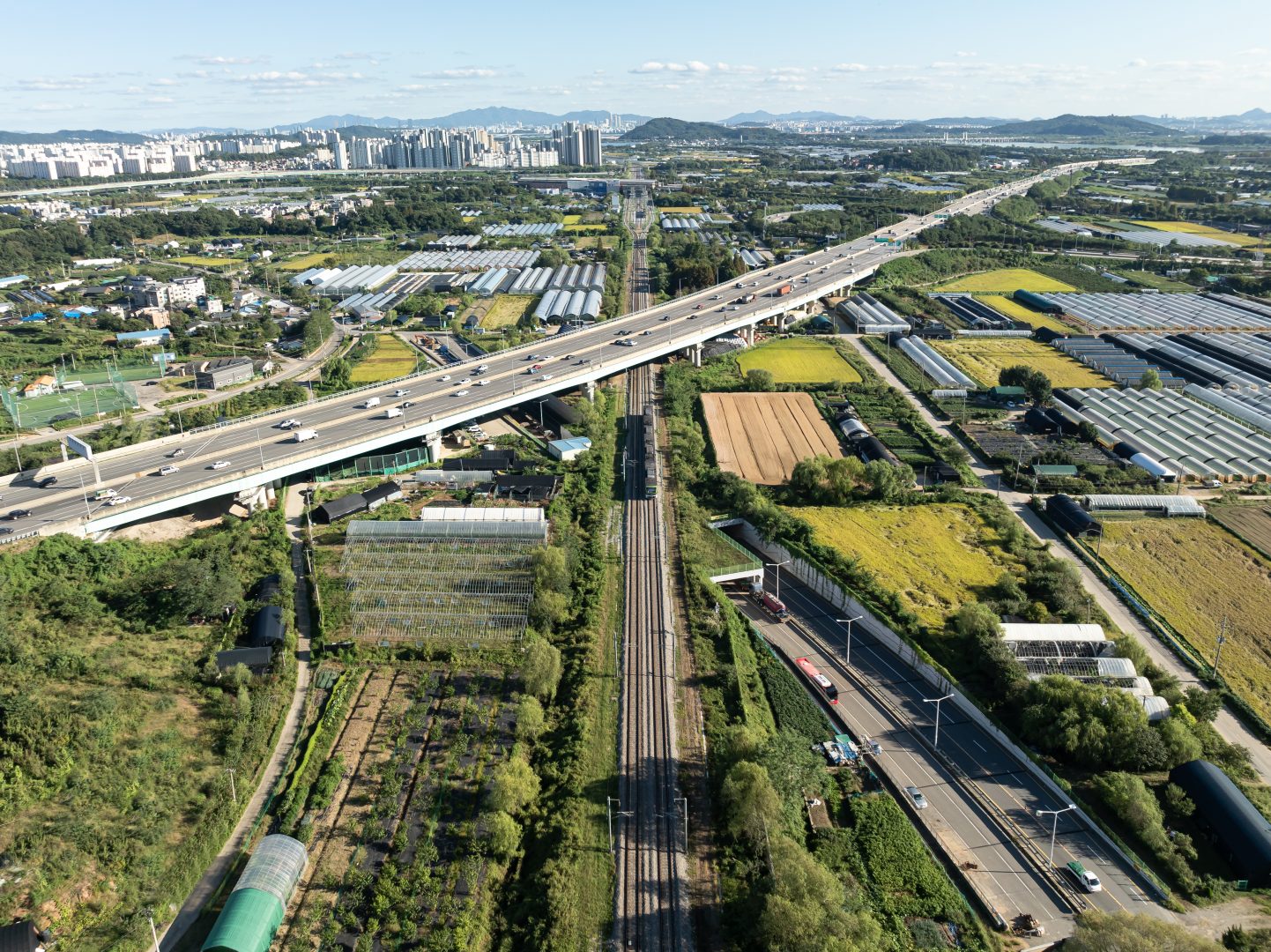 Aerial view of train, a railway in countryside