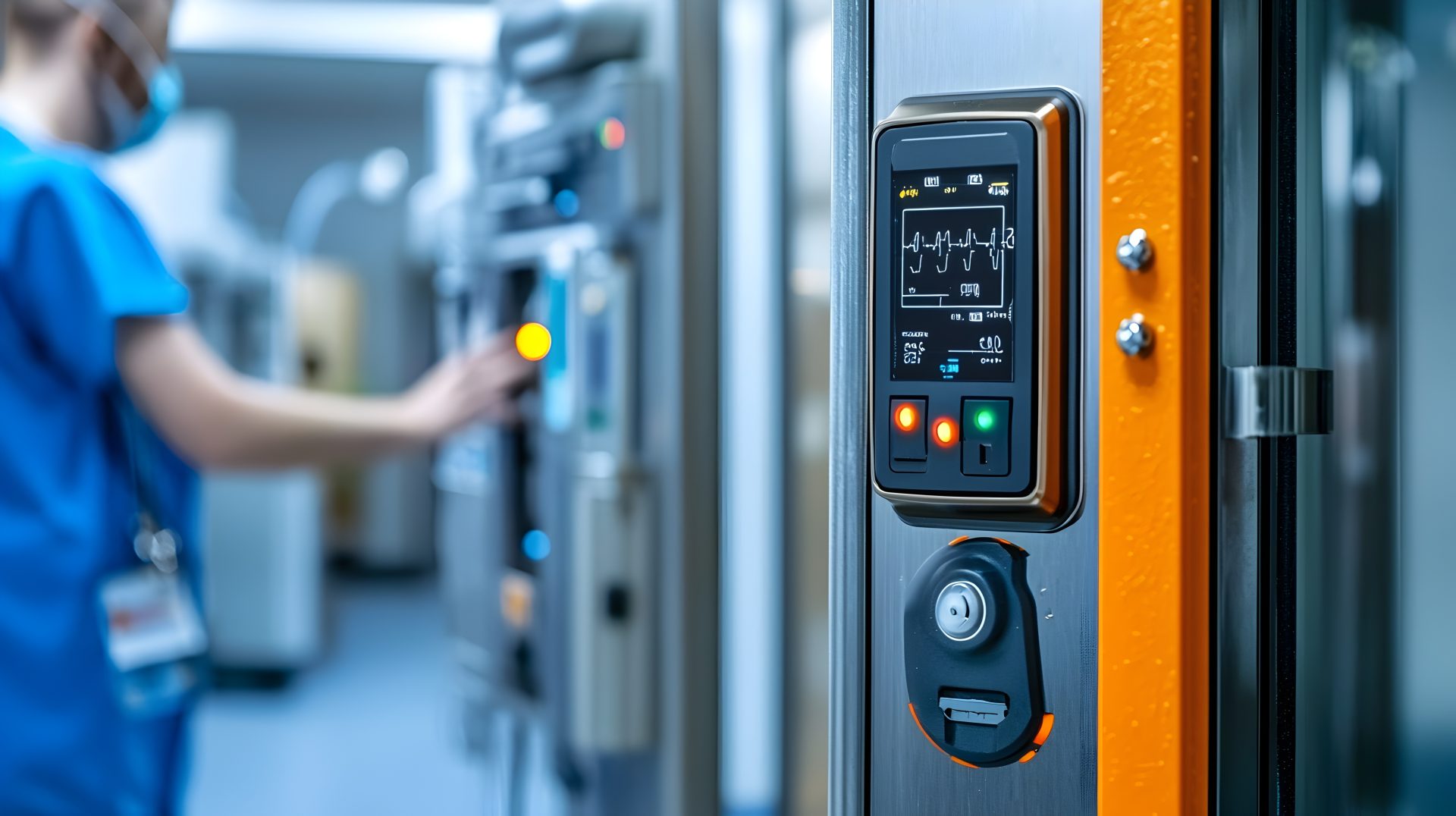 Keycard Reader System Installed on the Door to an X Ray Room with Indicator Lights Signaling Access and Security Status