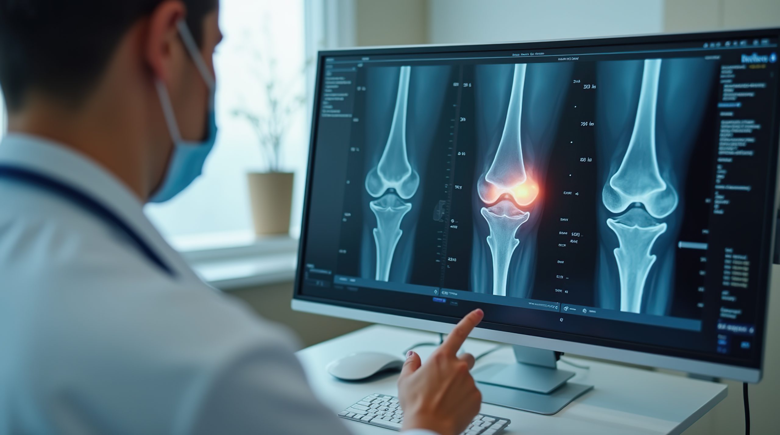 Doctor Conducting Ultrasound Examination of Knee Joint X-ray Display