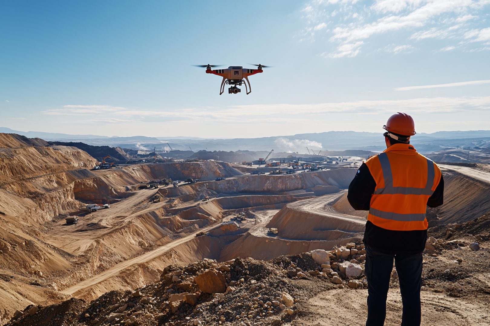 A drone flies over a vast mining site as an operator in safety gear monitors its flight against a clear sky.