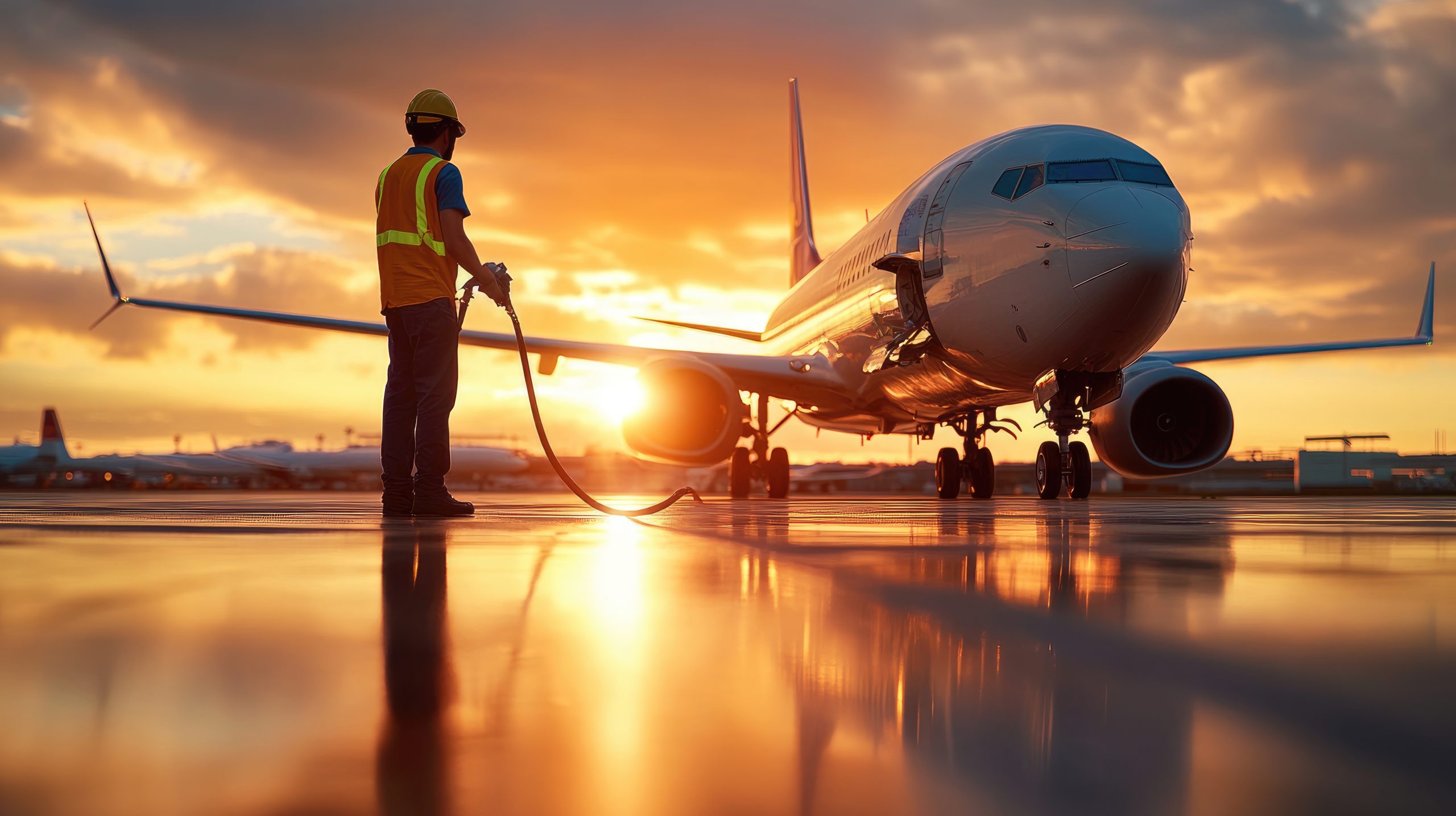 A technician fuels an airplane at sunset, showcasing teamwork and aviation service in a vibrant, picturesque airport setting.