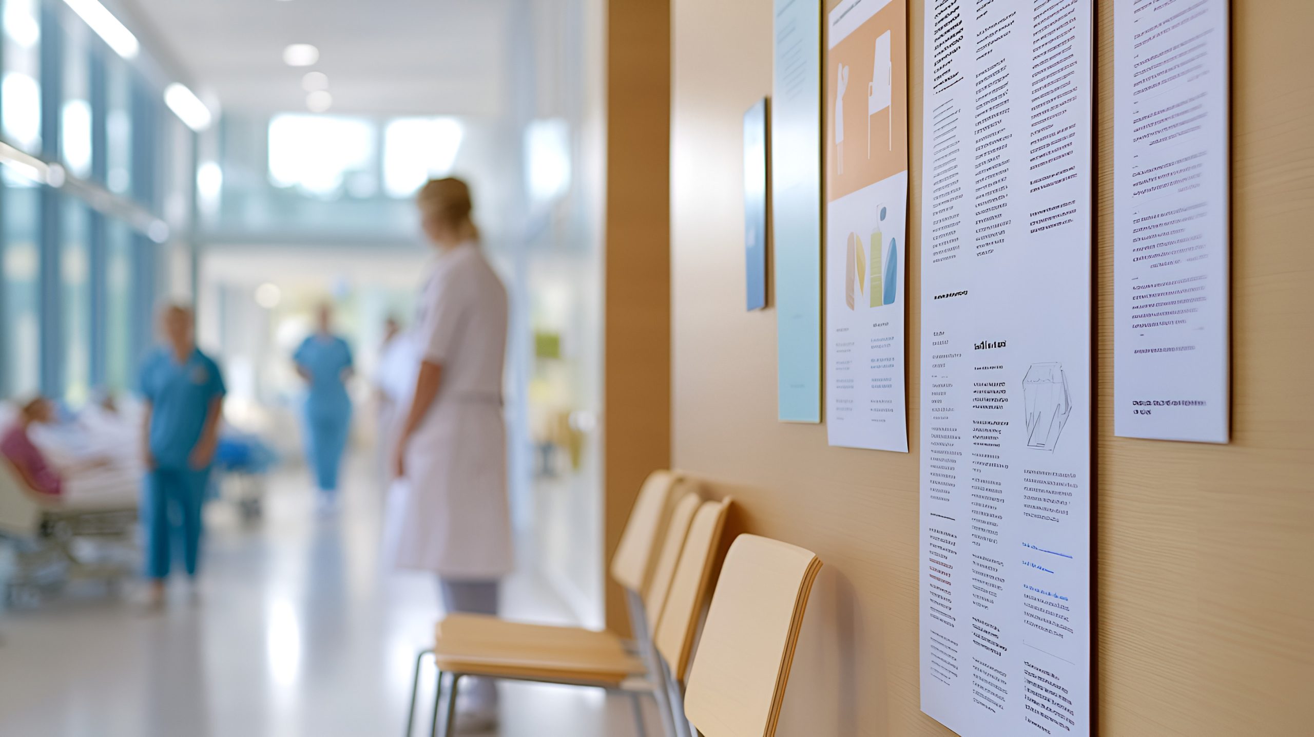 Close-Up of Modern Hospital Waiting Area with Informative Posters and Activity