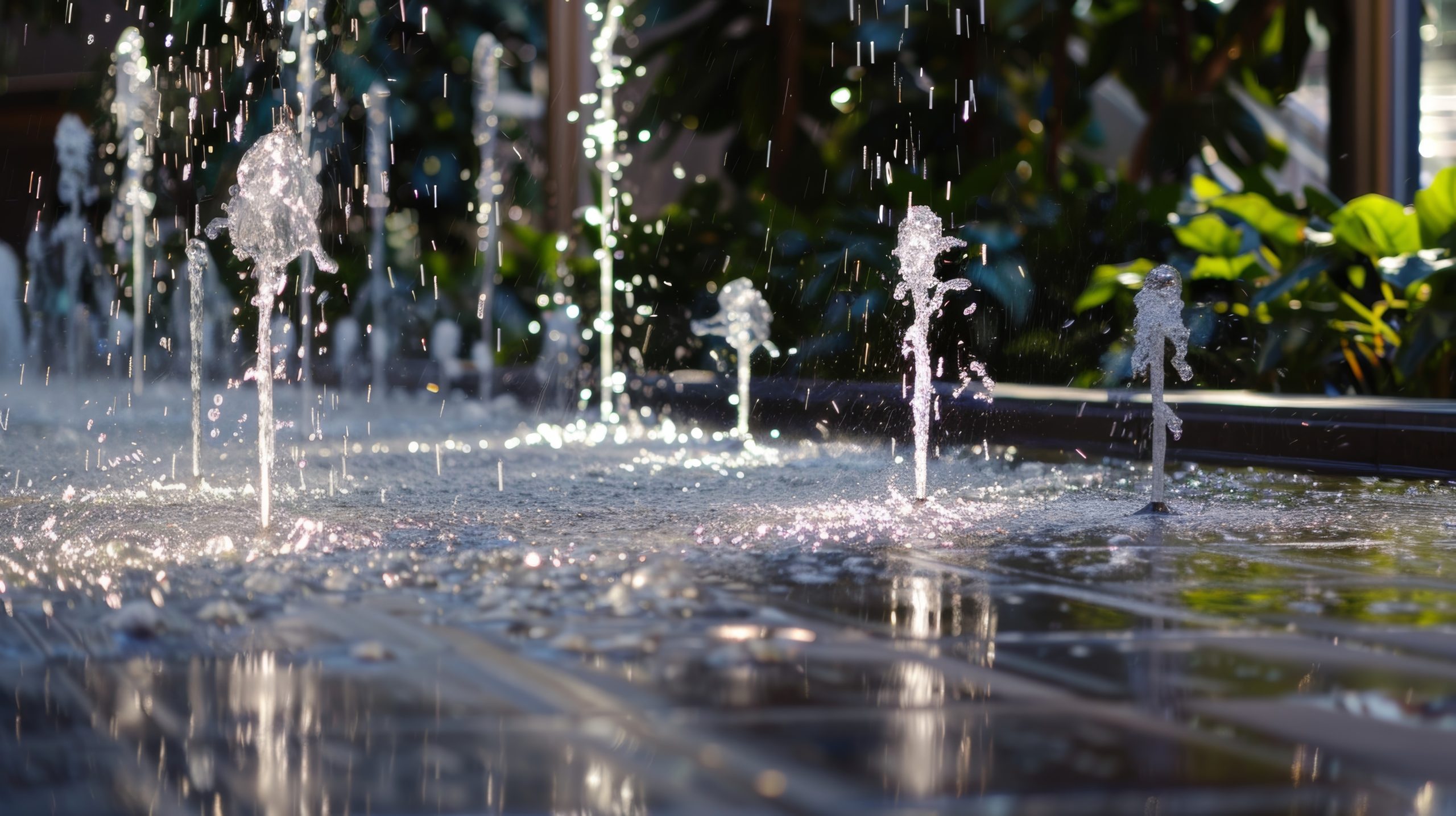 Water jets flowing from a fountain in a park