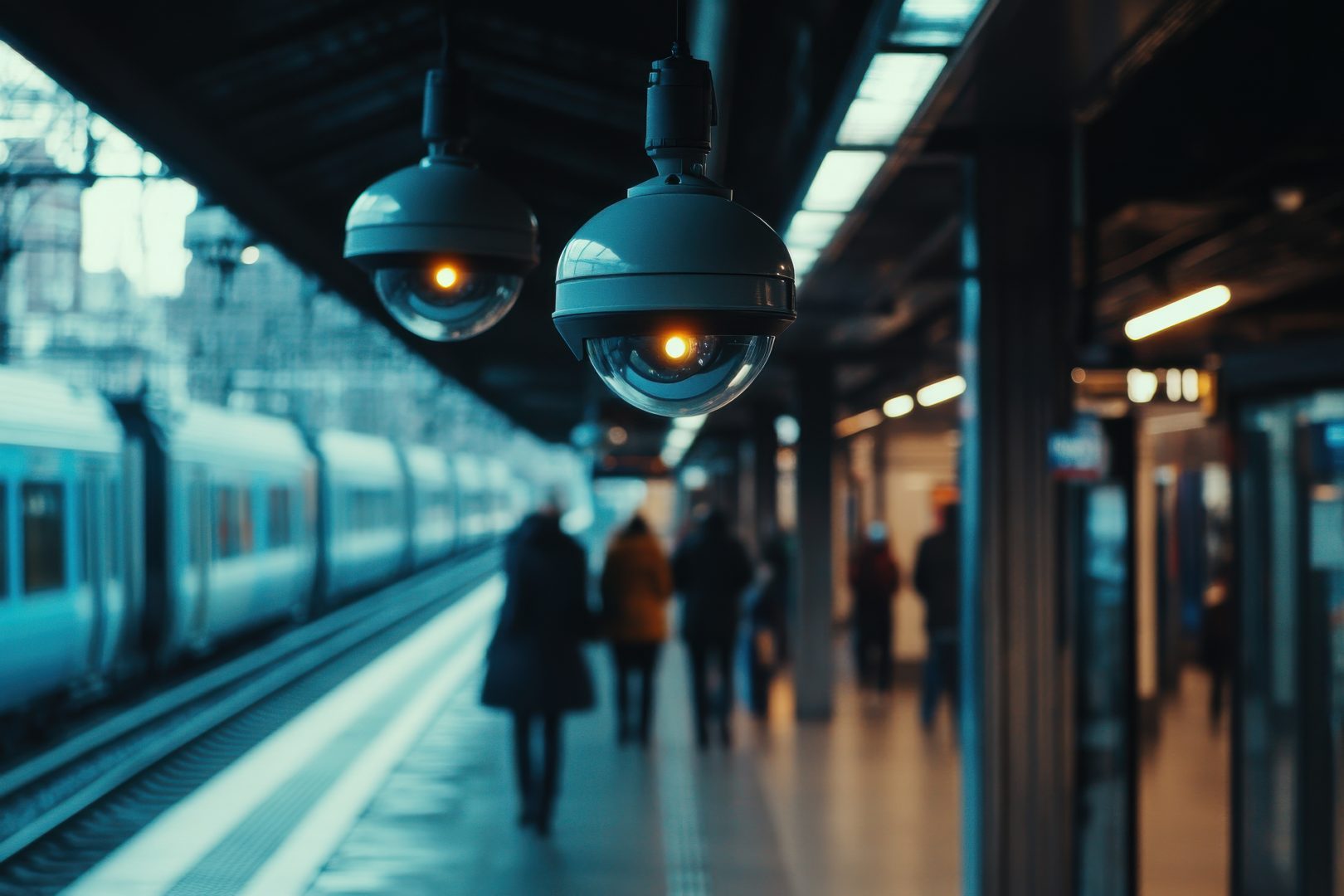 Surveillance cameras observing commuters on a busy urban train platform