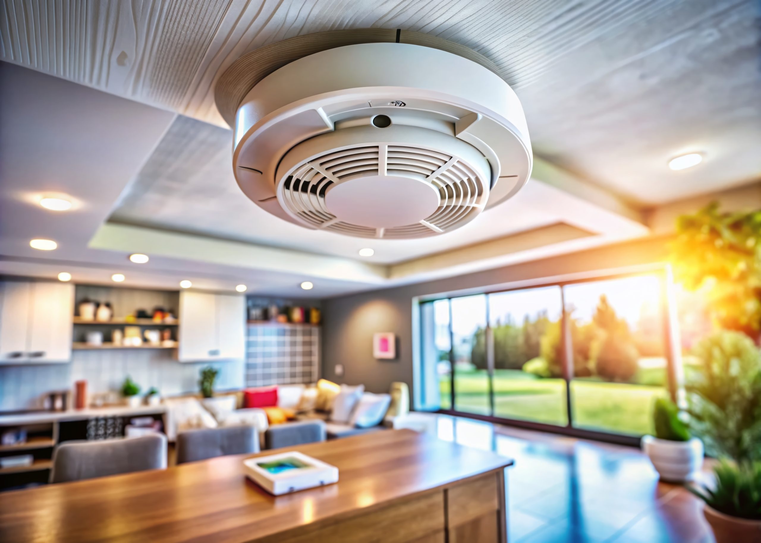Smoke Detector Installed on Ceiling: A Close-Up Look at Essential Home Safety Devices Enhancing Fire Prevention and Security in Modern Interiors