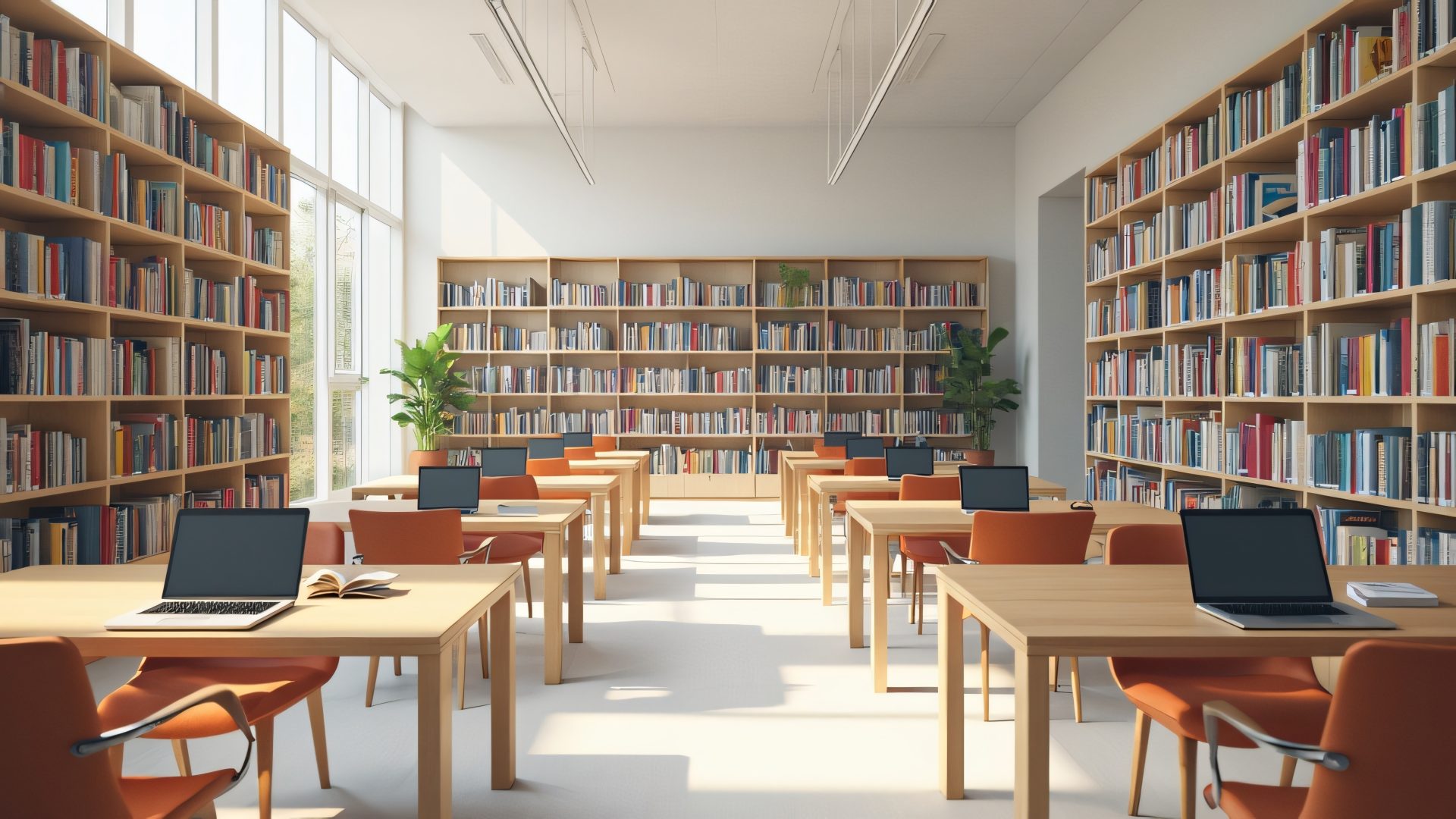 Serene White Library with Laptops, Bookshelves, and Sunlight Streaming Through Large Windows
