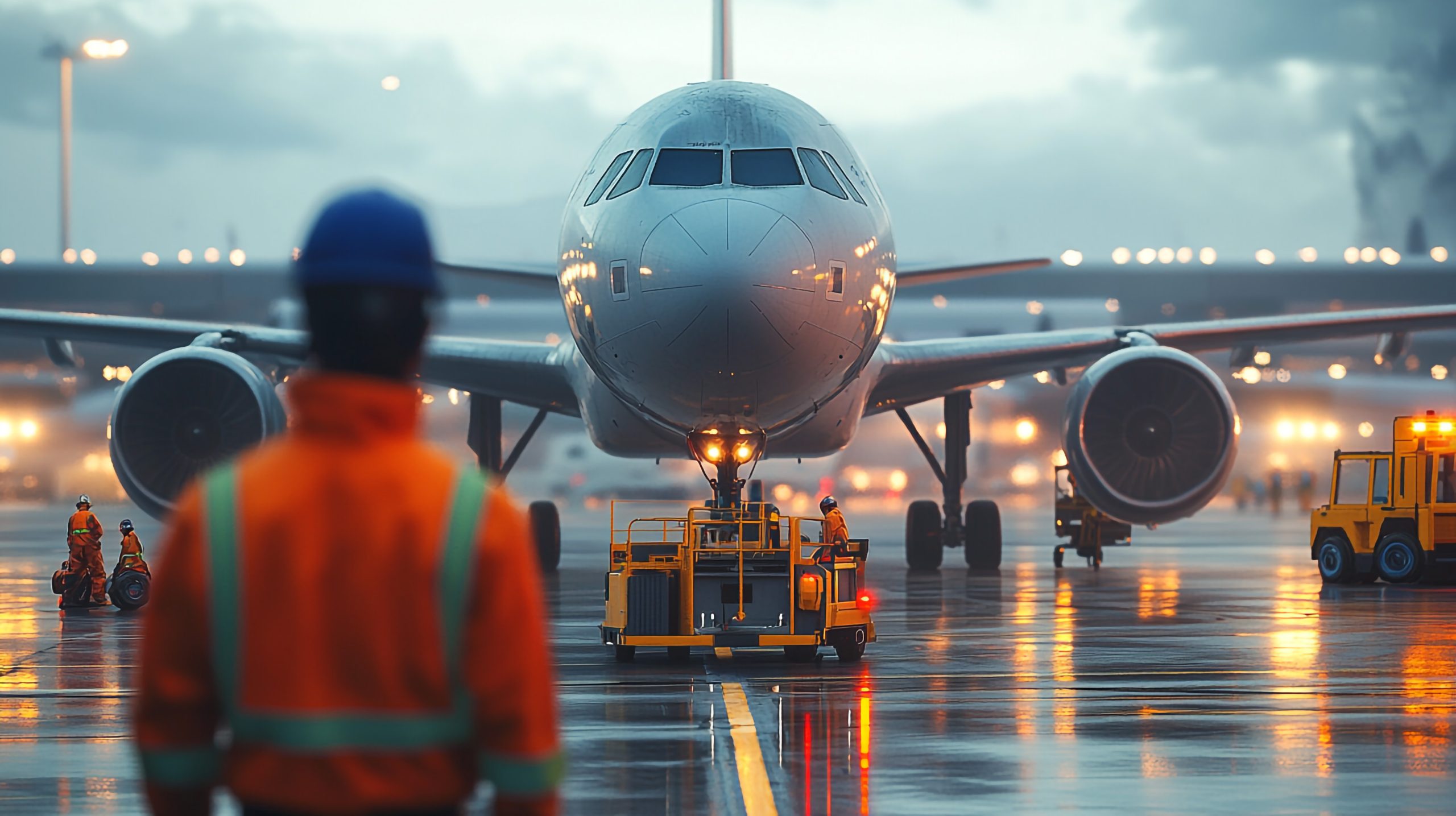 Airplane Taxiing on Wet Runway at Night  Ground Crew  Airport