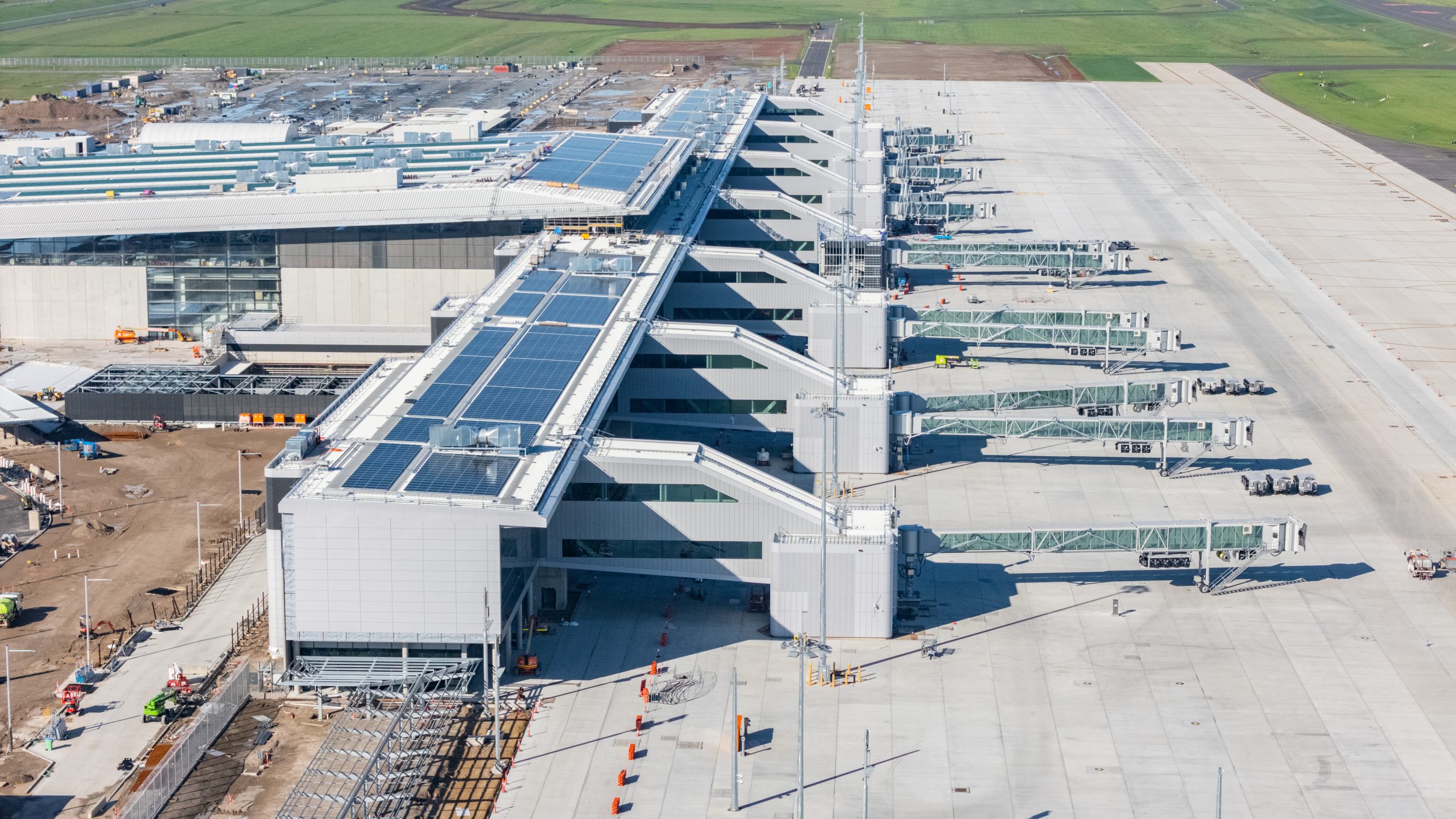 Aerial drone view looking over the construction site of the new Western Sydney Airport at Badgerys Creek, NSW Australia in December 2024