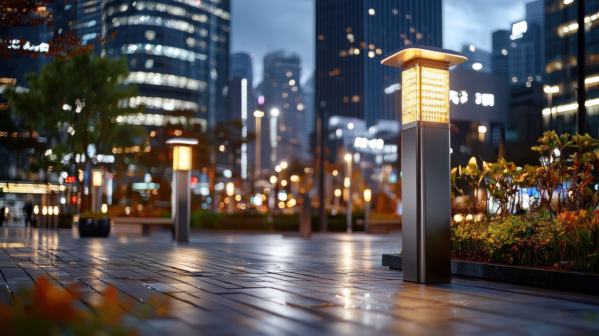 Smart lighting systems enhance urban landscapes, illuminating pathways and creating vibrant atmosphere in modern city at night. warm glow of lamps contrasts with sleek buildings