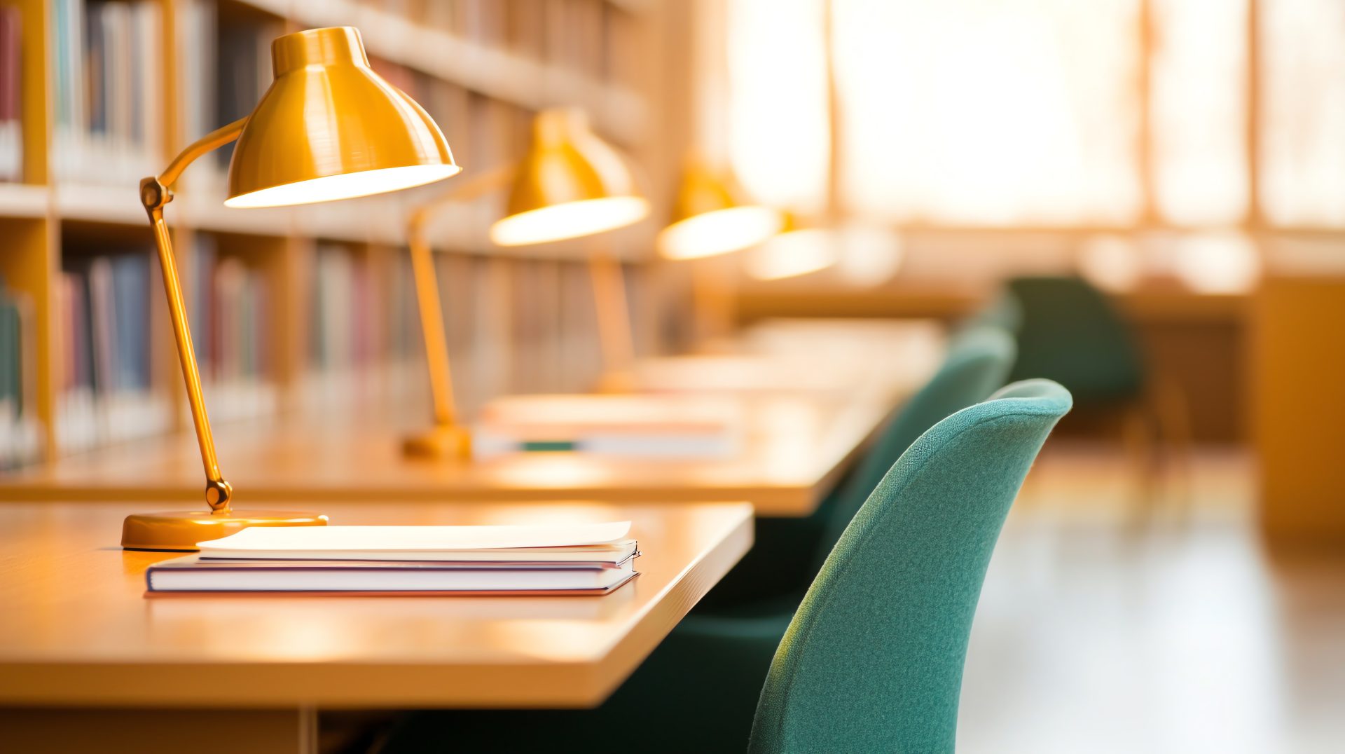 Quiet library study area with golden lamps and green chairs