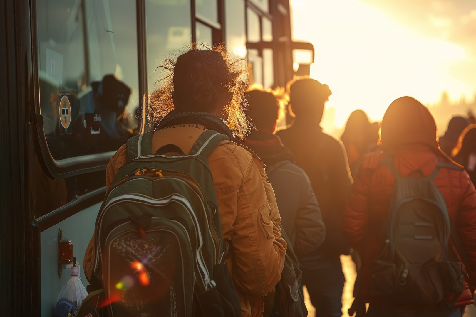 Commuters boarding bus at sunset