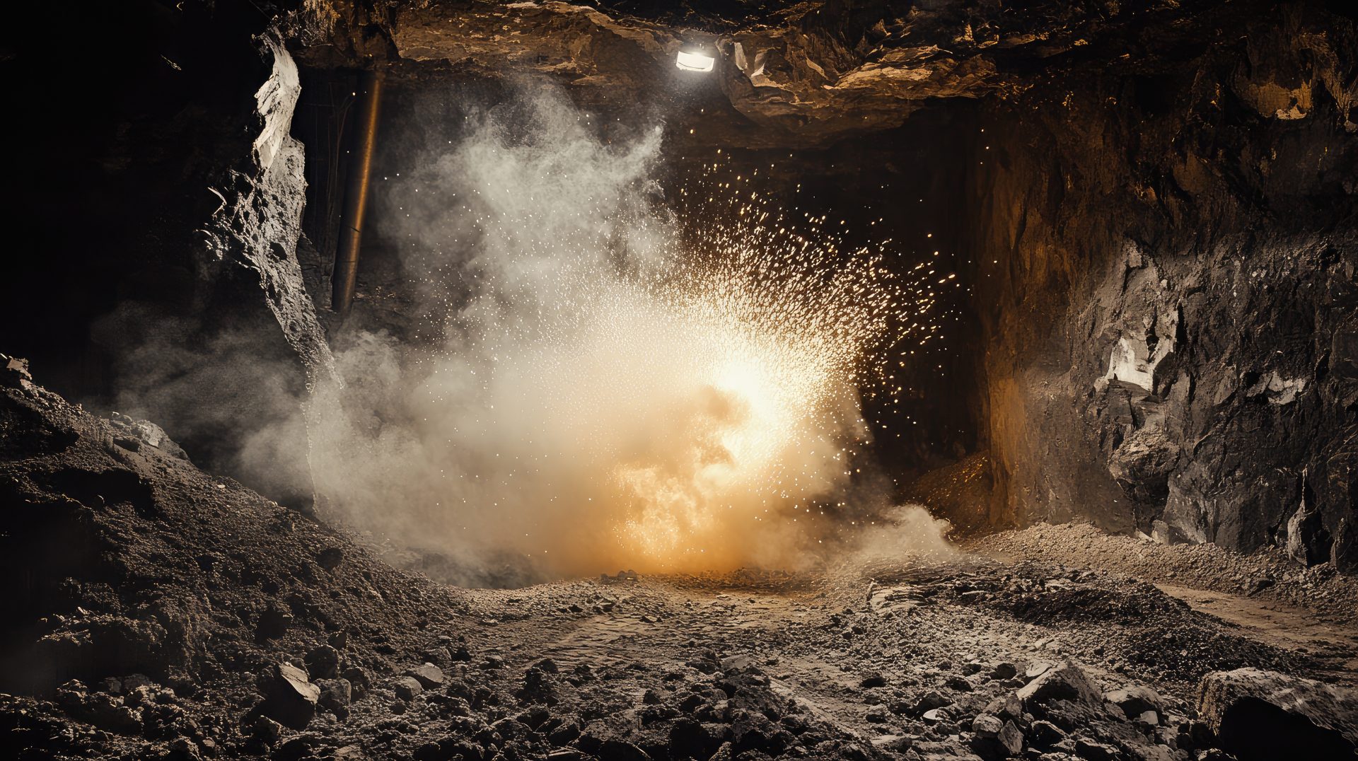 Controlled underground explosion in coal mining releasing dust and smoke highlighting advanced technology for worker safety in mining operations