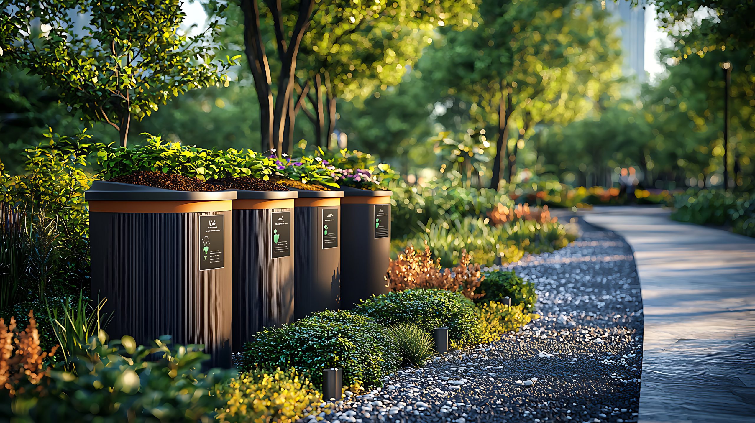 Eco friendly composting bins in lush park setting with vibrant plants
