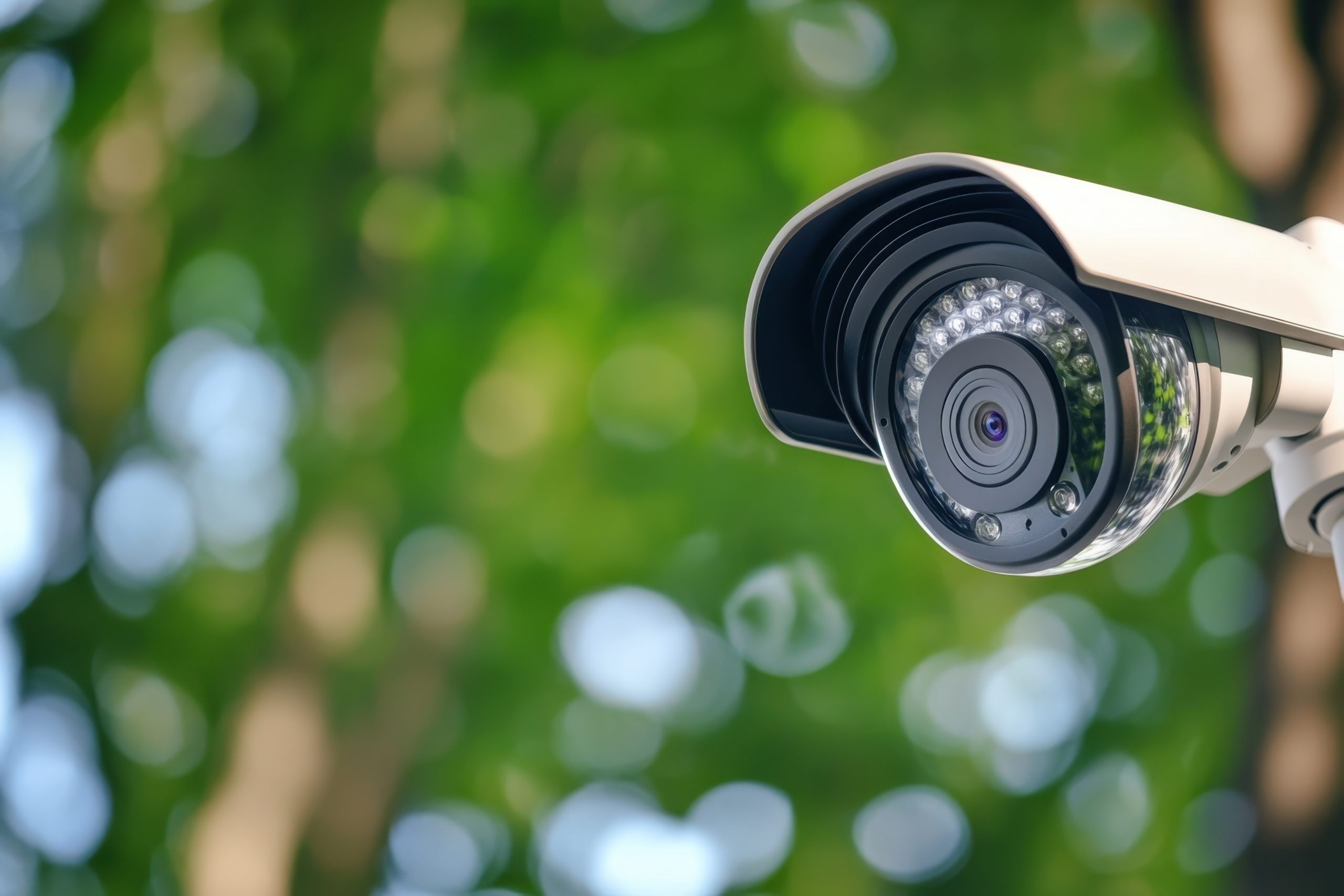 Security camera monitoring outdoor area in natural light with lush greenery backdrop