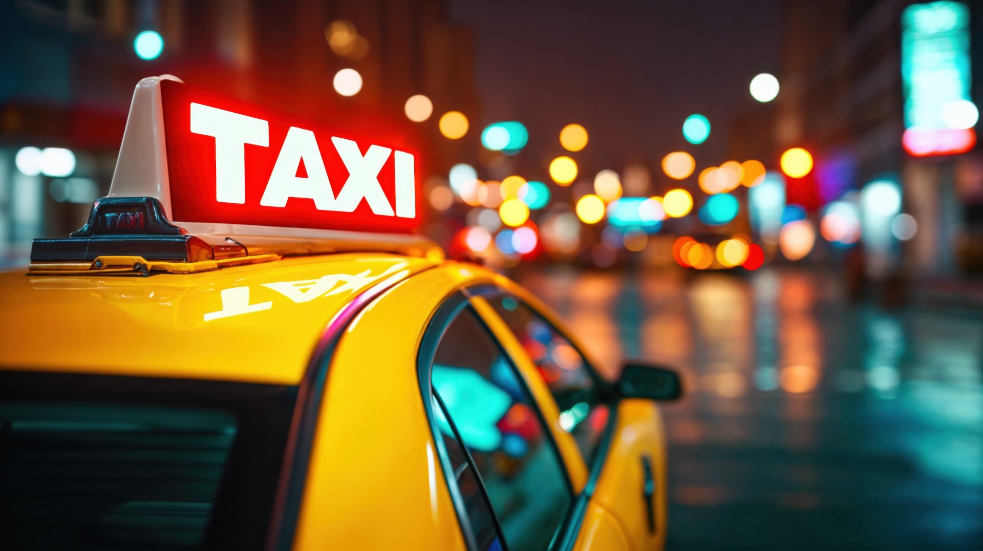 Taxi at Night with colorful city lights in the background.