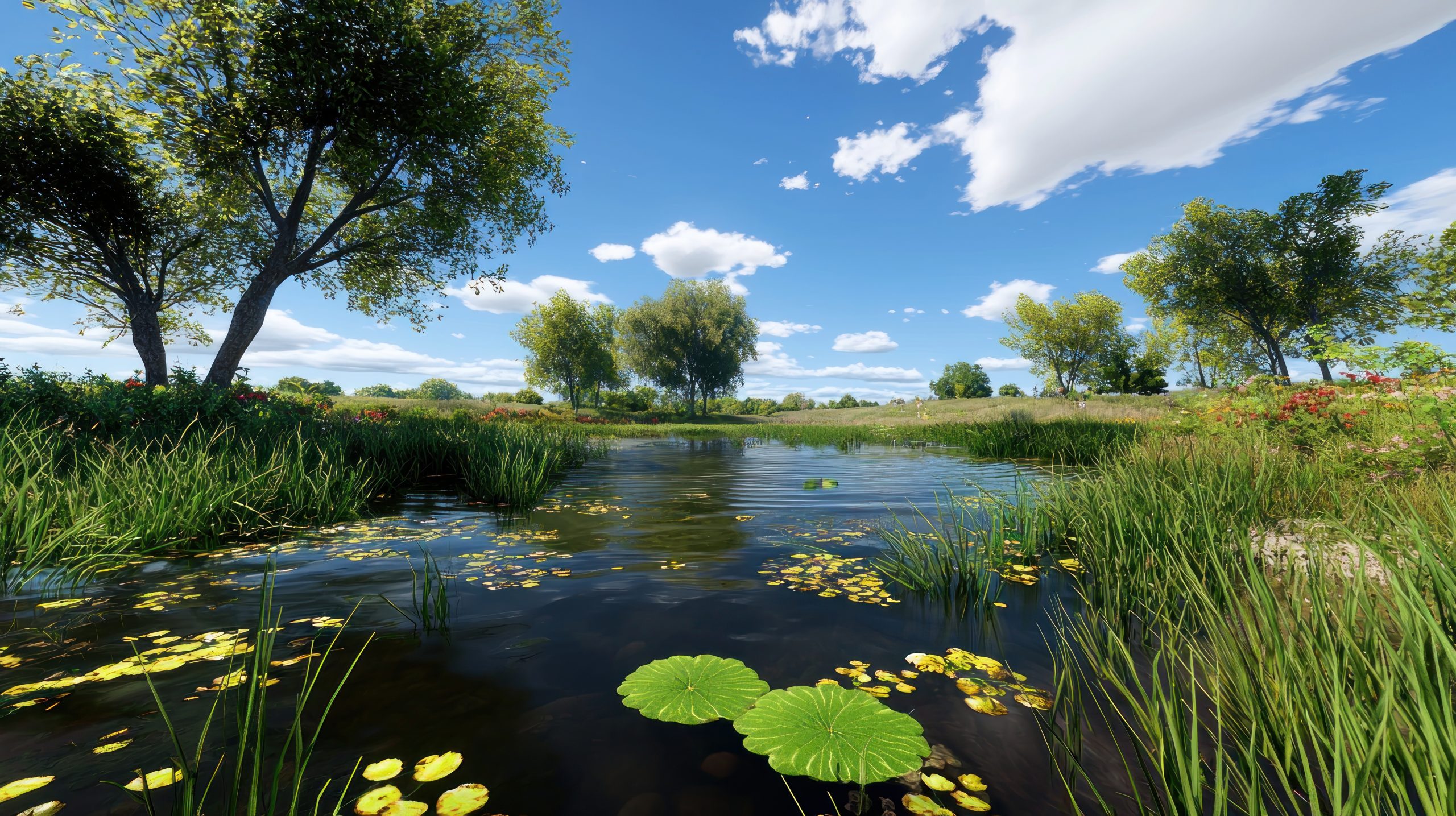 Serene pond, lush greenery, sunny sky, idyllic landscape, nature poster
