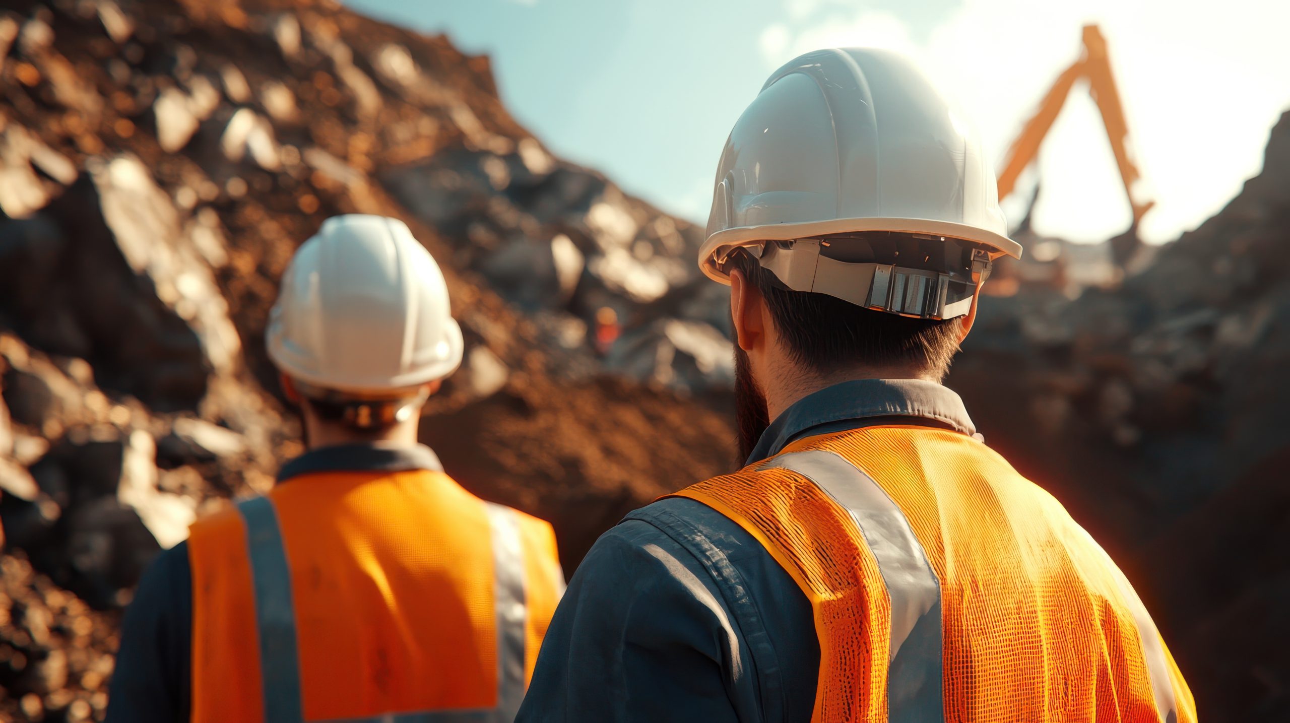Construction workers overseeing heavy machinery operation at mining site industrial environment professional viewpoint