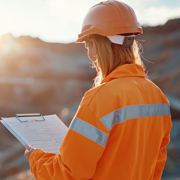 worker in orange safety suit and helmet examines clipboard overlooking mining site at sunset, highlighting safety and environmental awareness