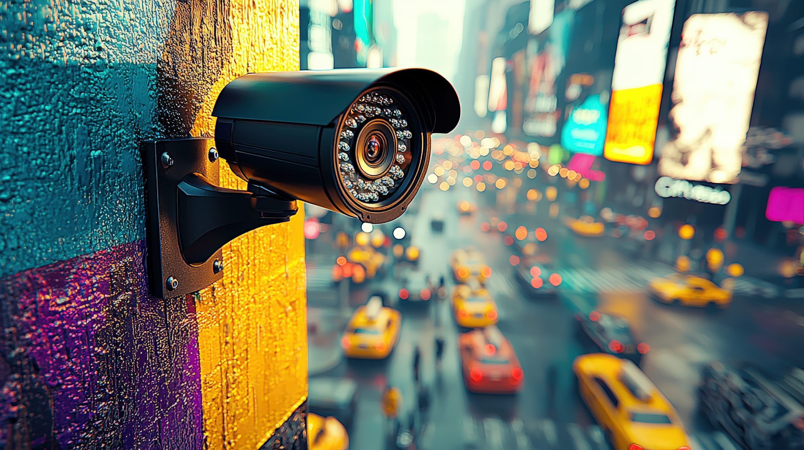 Surveillance Camera Overlooking Busy City Streets with Yellow Taxis