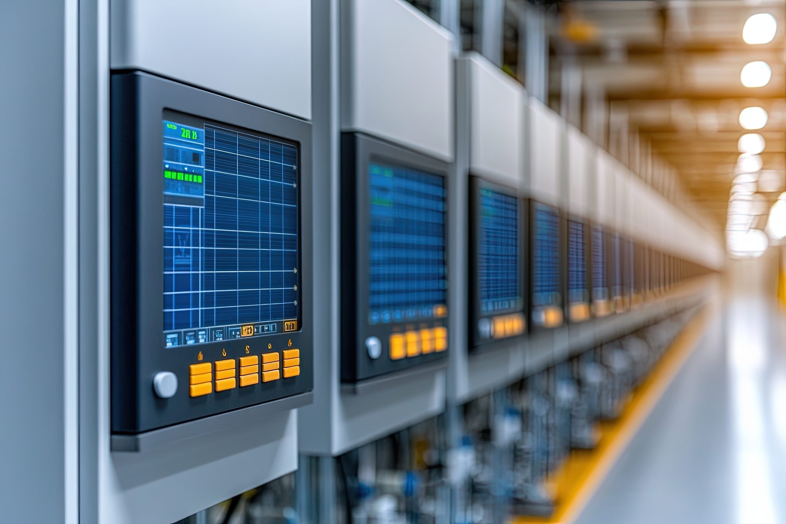 A row of advanced electronic monitoring devices displays data on screens, set in a modern industrial environment.