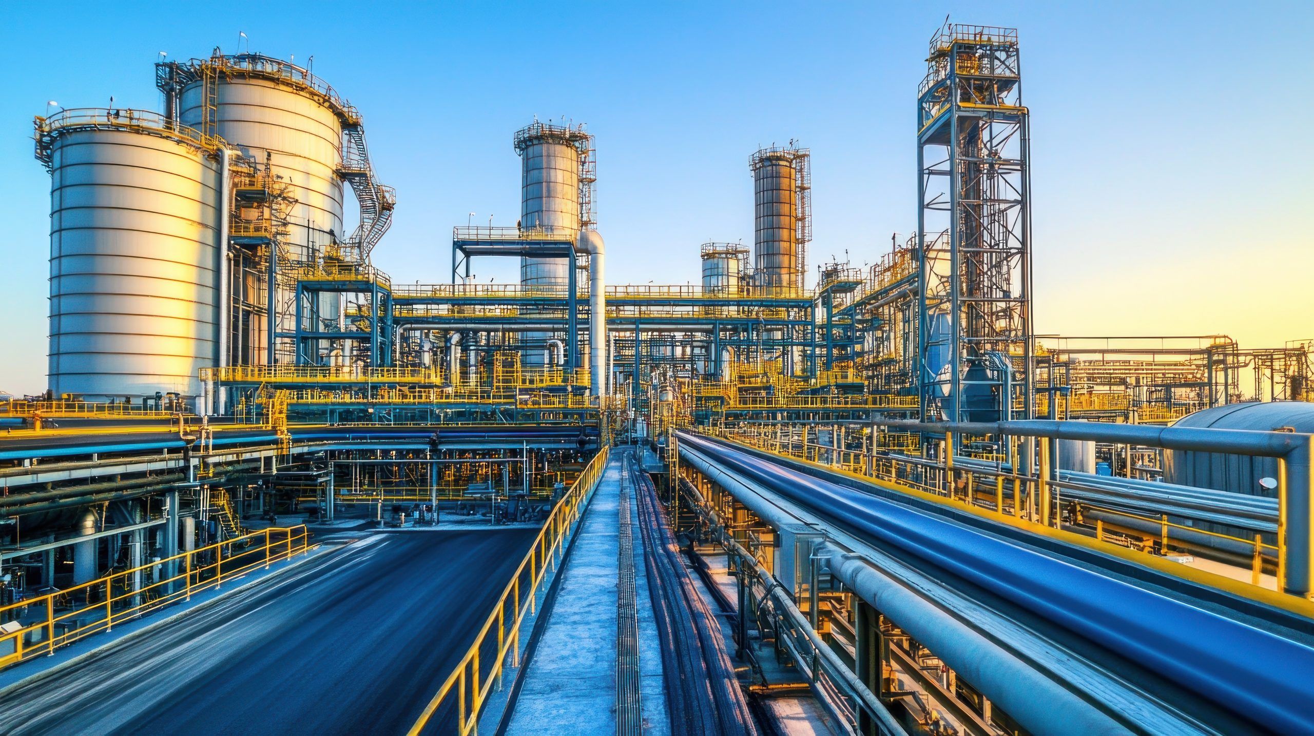 Industrial Plant at Dawn, Pipes and Tanks, Wide Shot,  Potential for Industry or Business Use