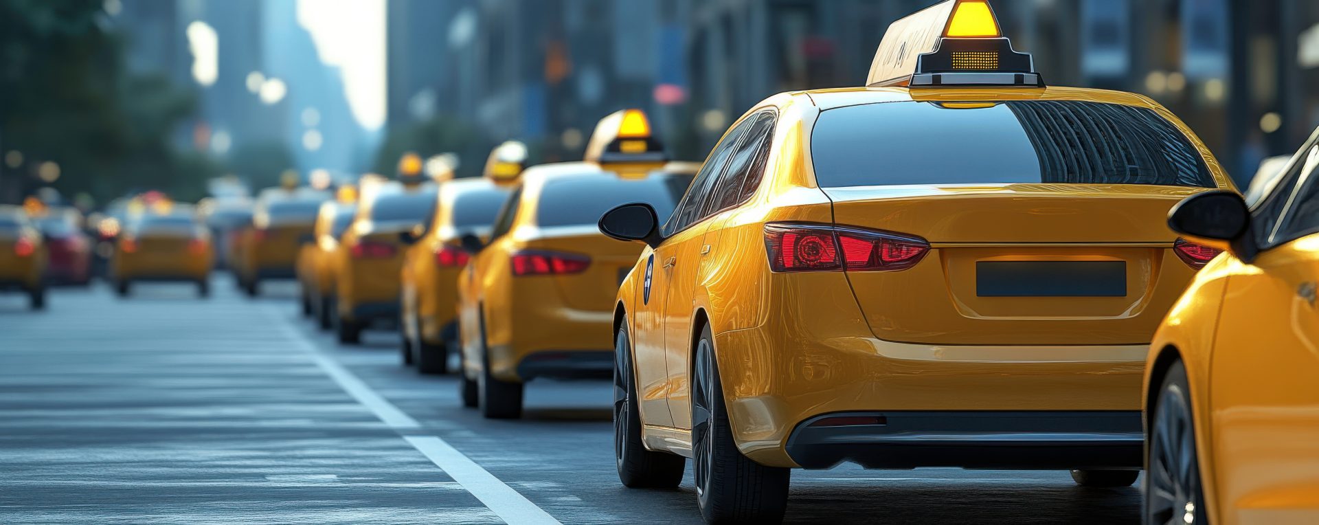 A line of bright yellow taxis waiting on a busy city street, showcasing urban transportation and the hustle of city life.