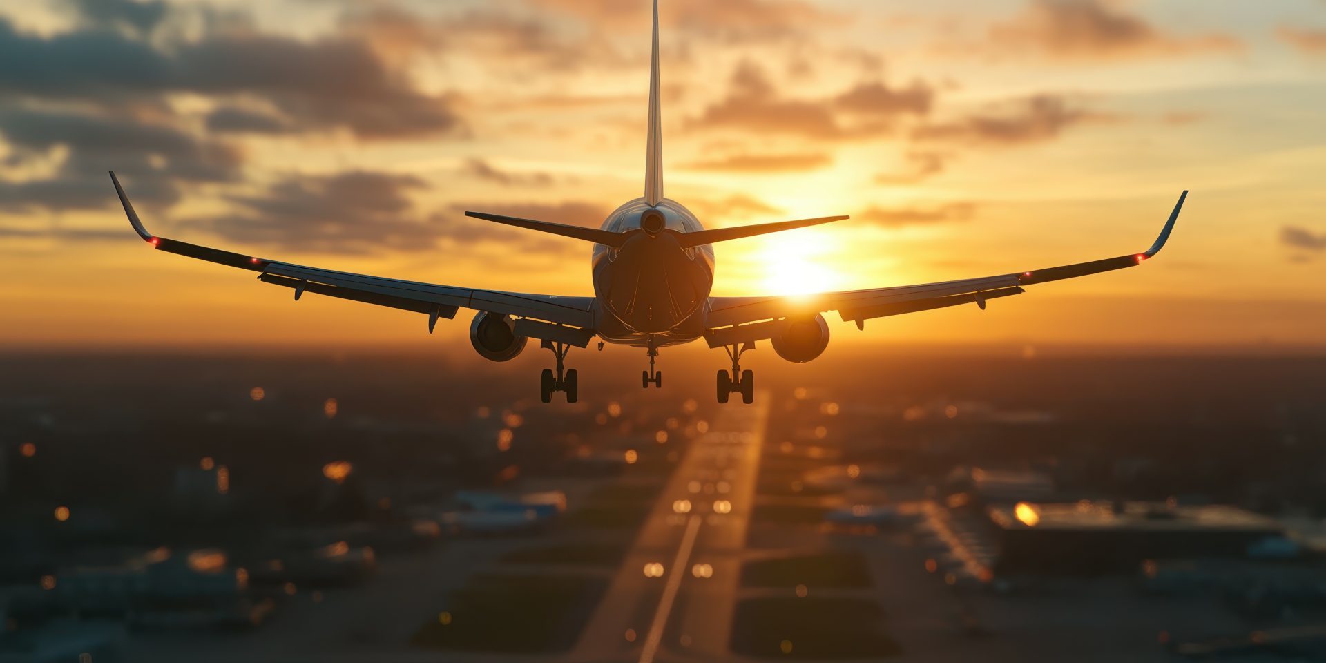 An airplane approaches for landing as the sun sets, casting a warm glow over the city. The silhouette of the aircraft contrasts against the colorful sky filled with clouds