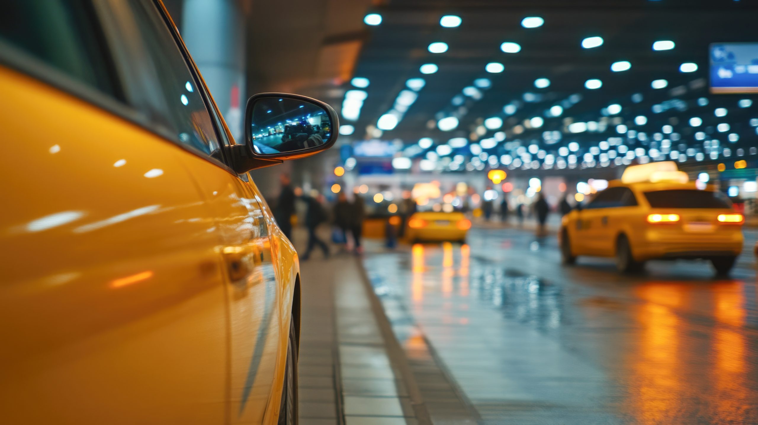 Yellow taxis at night in busy urban street with blurred lights