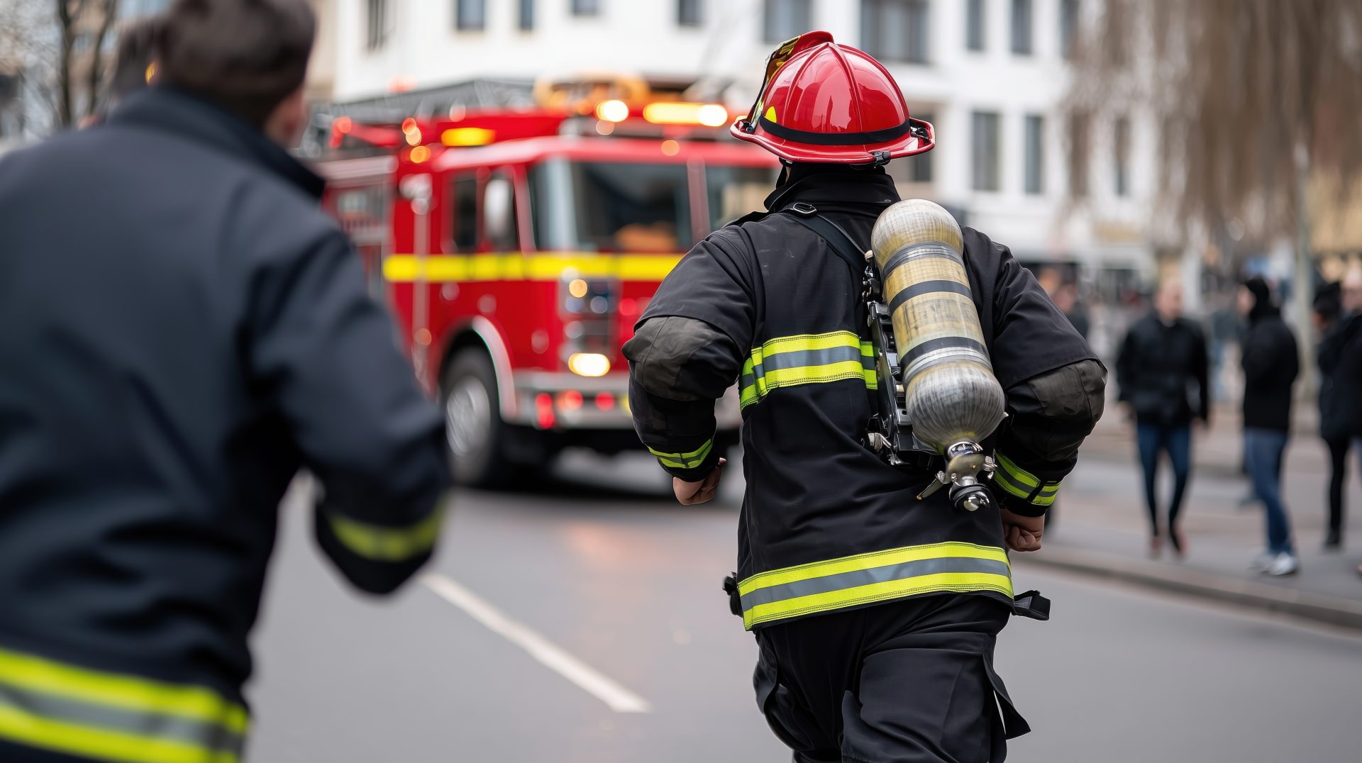 Firefighter in Protective Gear Running Towards Emergency Scene with Fire Truck in Background in Urban Environment