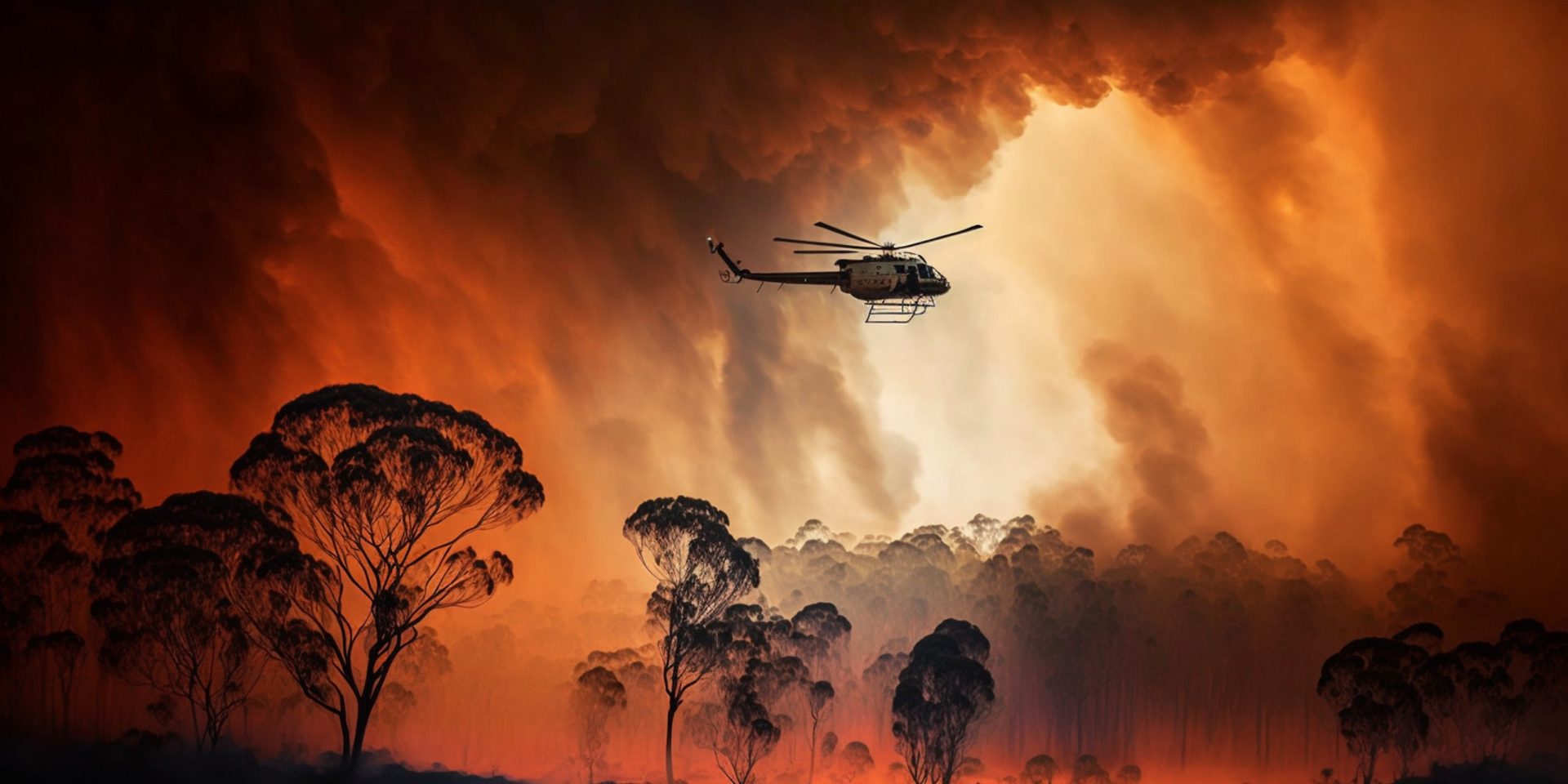 Blazing Australian bushfire with rescue helicopter created with Generative AI