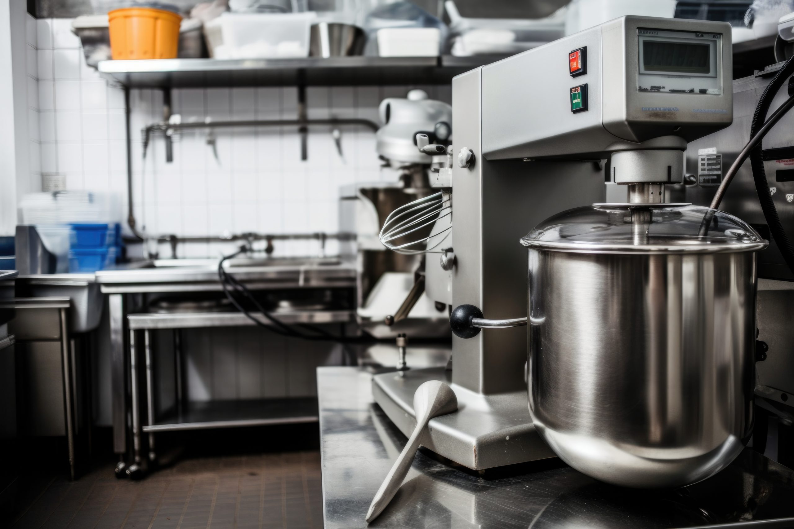 mixer and processor in busy commercial kitchen, preparing ingredients for cooking