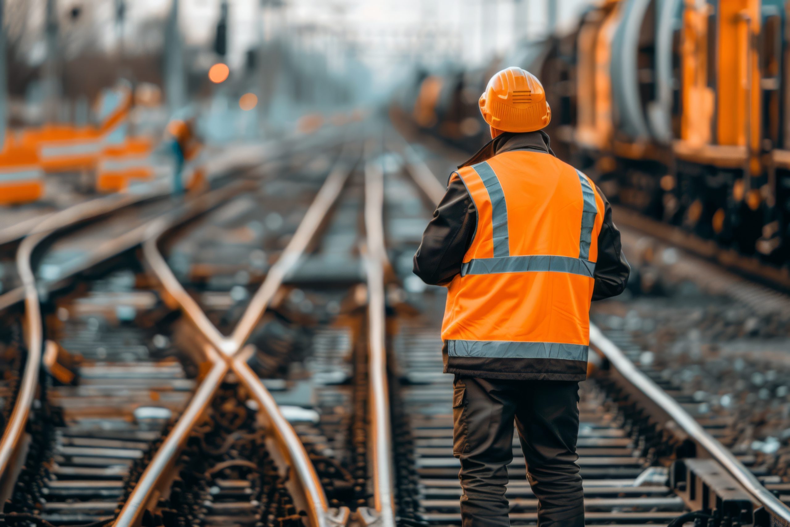Construction worker on railway assessment.  International Labor Day, Workers Day, May Day. Design for banner, poster. Railroad inspection concept