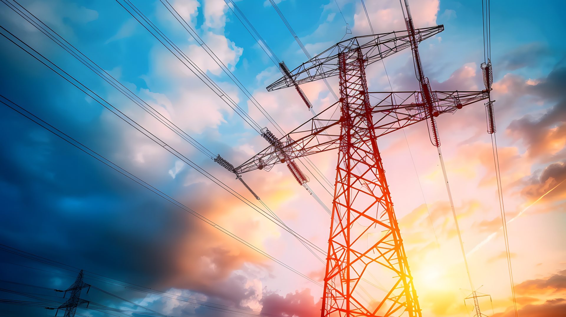 High voltage electric transmission tower. High voltage power lines on electric pylon against a sunset sky. Electrical infrastructure. Energy crisis. Electric power distribution. Energy distribution