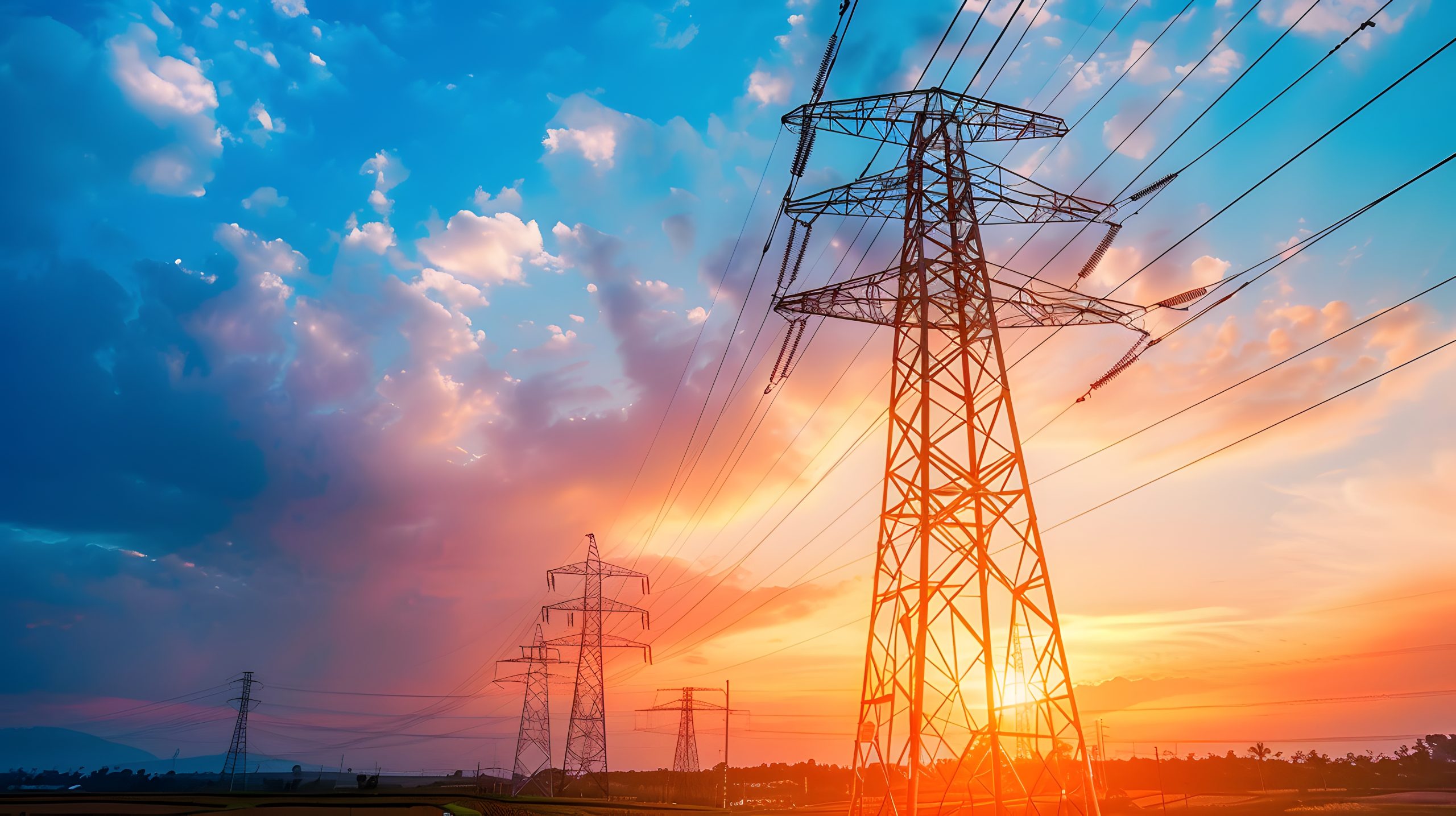 High voltage electric transmission tower. High voltage power lines on electric pylon against a sunset sky. Electrical infrastructure. Energy crisis. Electric power distribution. Energy distribution