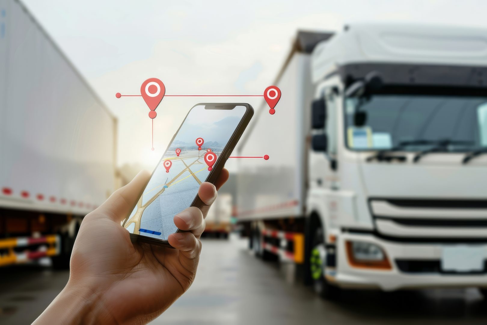 Close-up of a hand holding a smartphone with a GPS tracking app against trucks