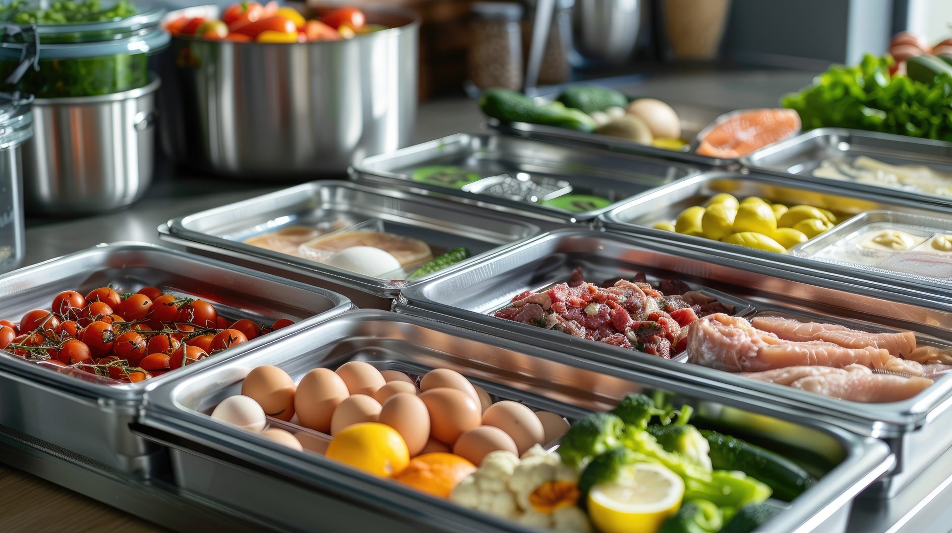 Several stainless steel boxes filled with various types of frozen dishes, fruits, vegetables, meat, fish, eggs.