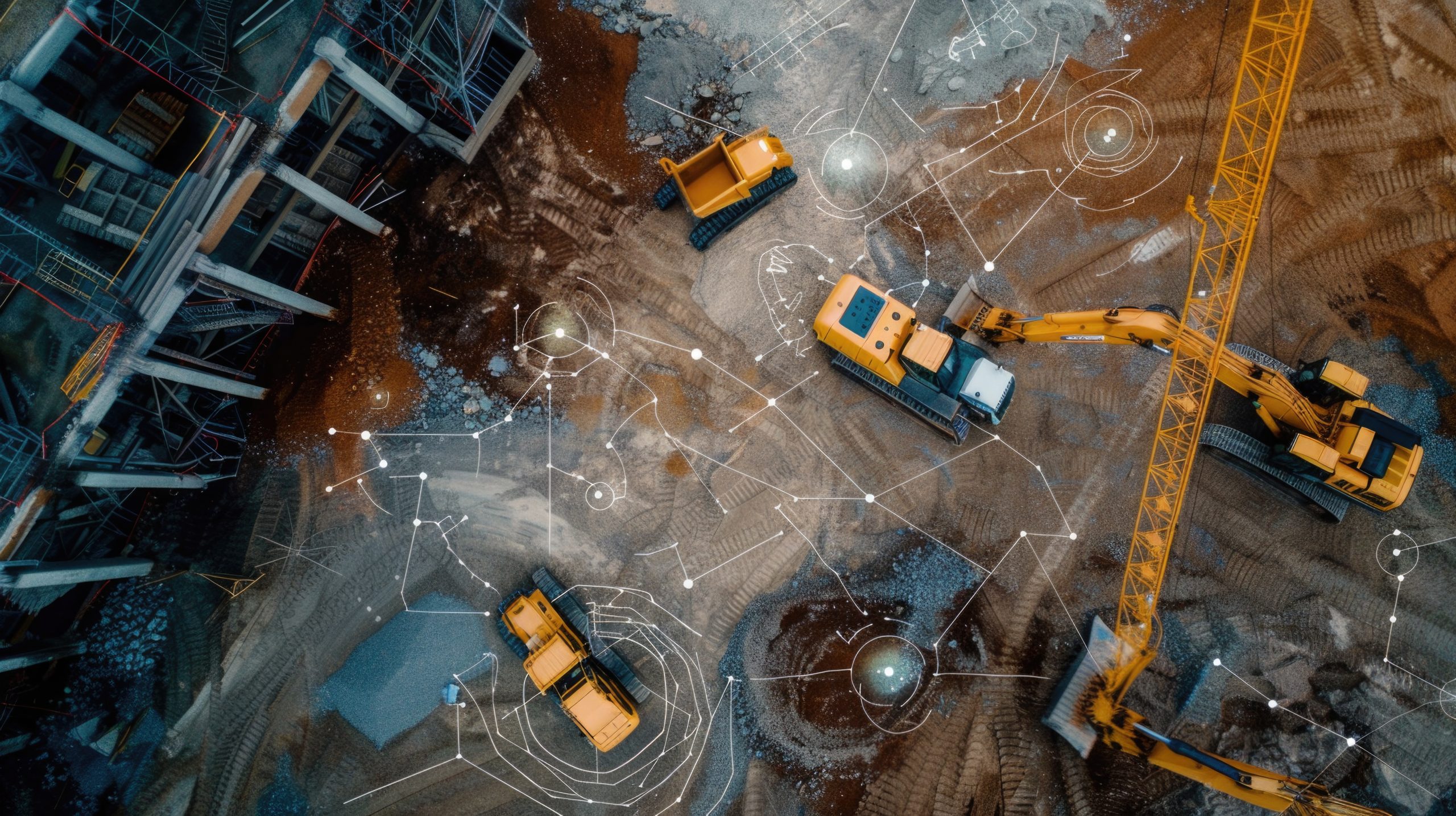 Visualize construction equipment on a site, each piece tracked by P-IoT for usage, location, and maintenance schedules